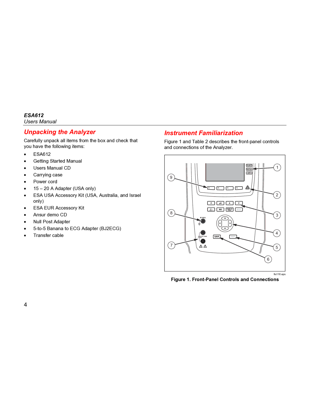 Fluke ESA612 specifications Unpacking the Analyzer, Instrument Familiarization 