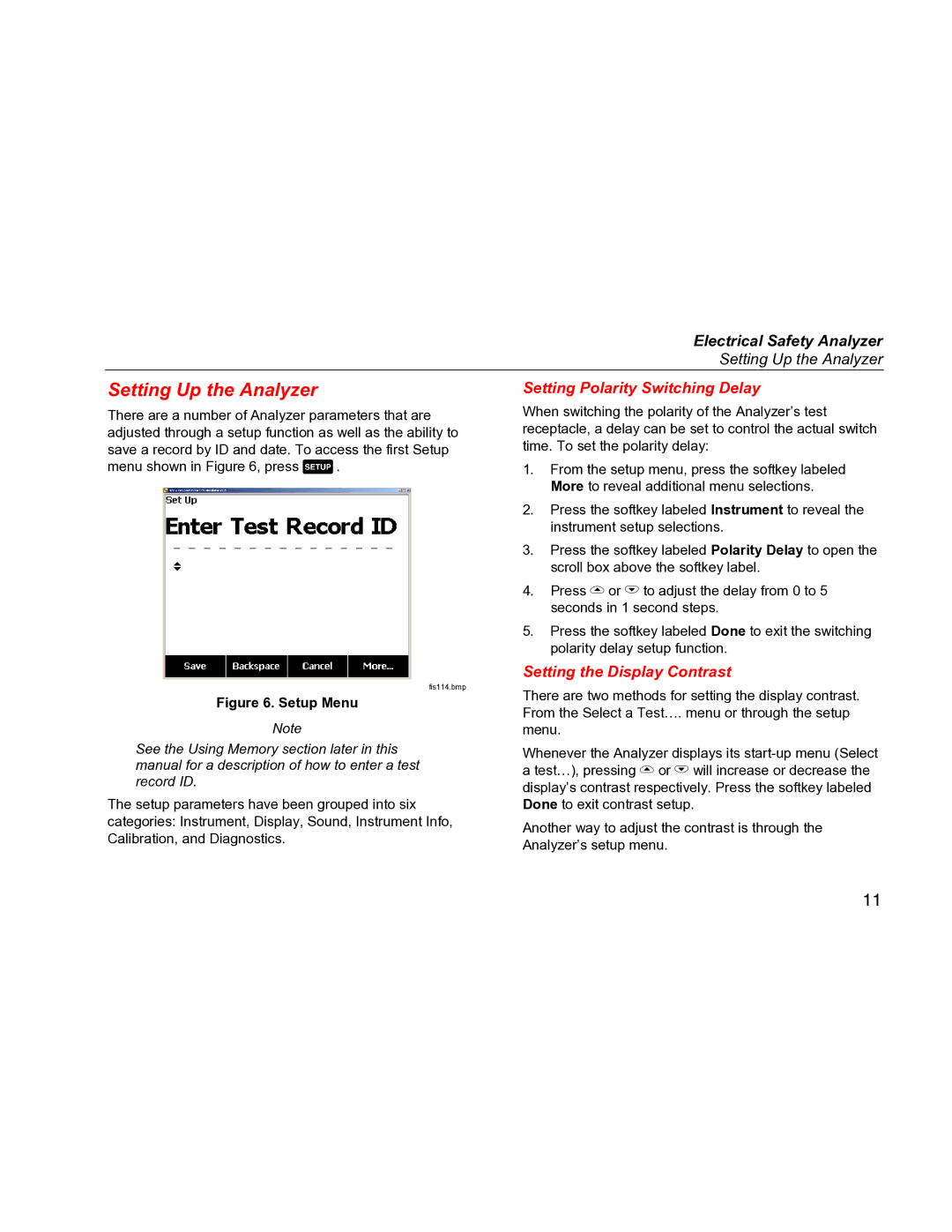 Fluke ESA612 specifications Setting Up the Analyzer, Setting Polarity Switching Delay, Setting the Display Contrast 