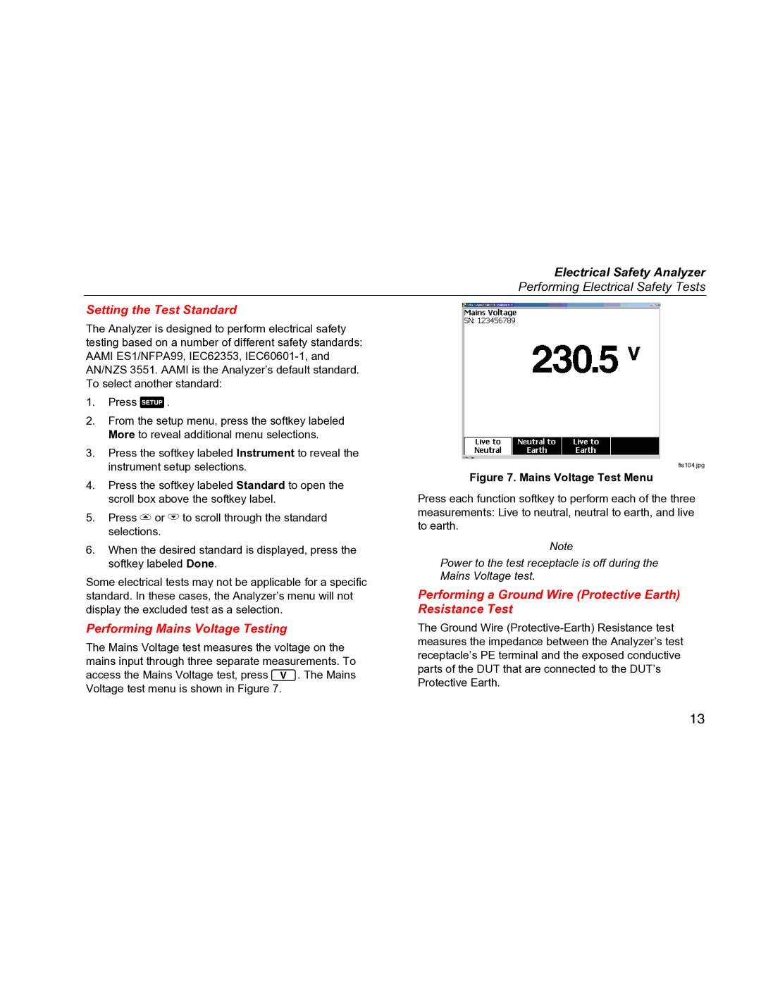 Fluke ESA612 specifications Setting the Test Standard, Performing Mains Voltage Testing 