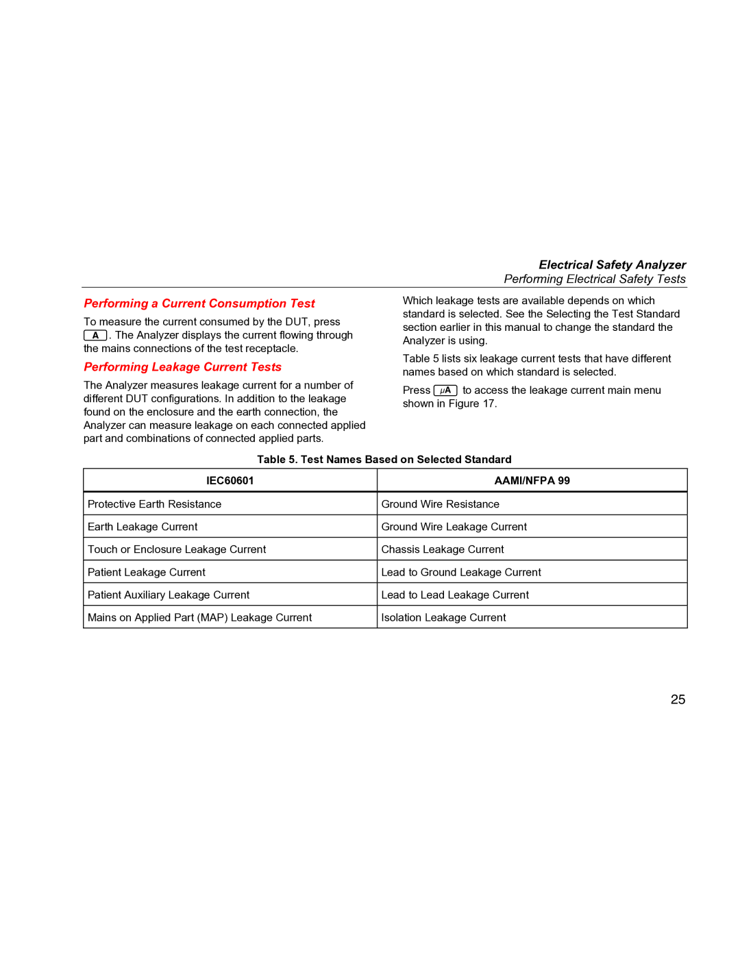 Fluke ESA612 specifications Performing a Current Consumption Test, Performing Leakage Current Tests 