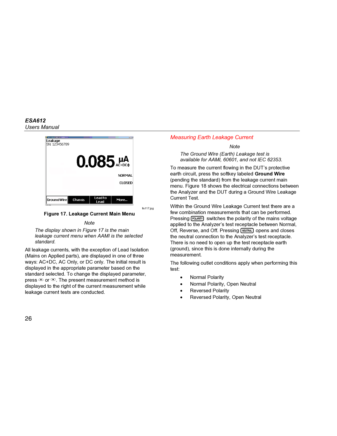 Fluke ESA612 specifications Measuring Earth Leakage Current 