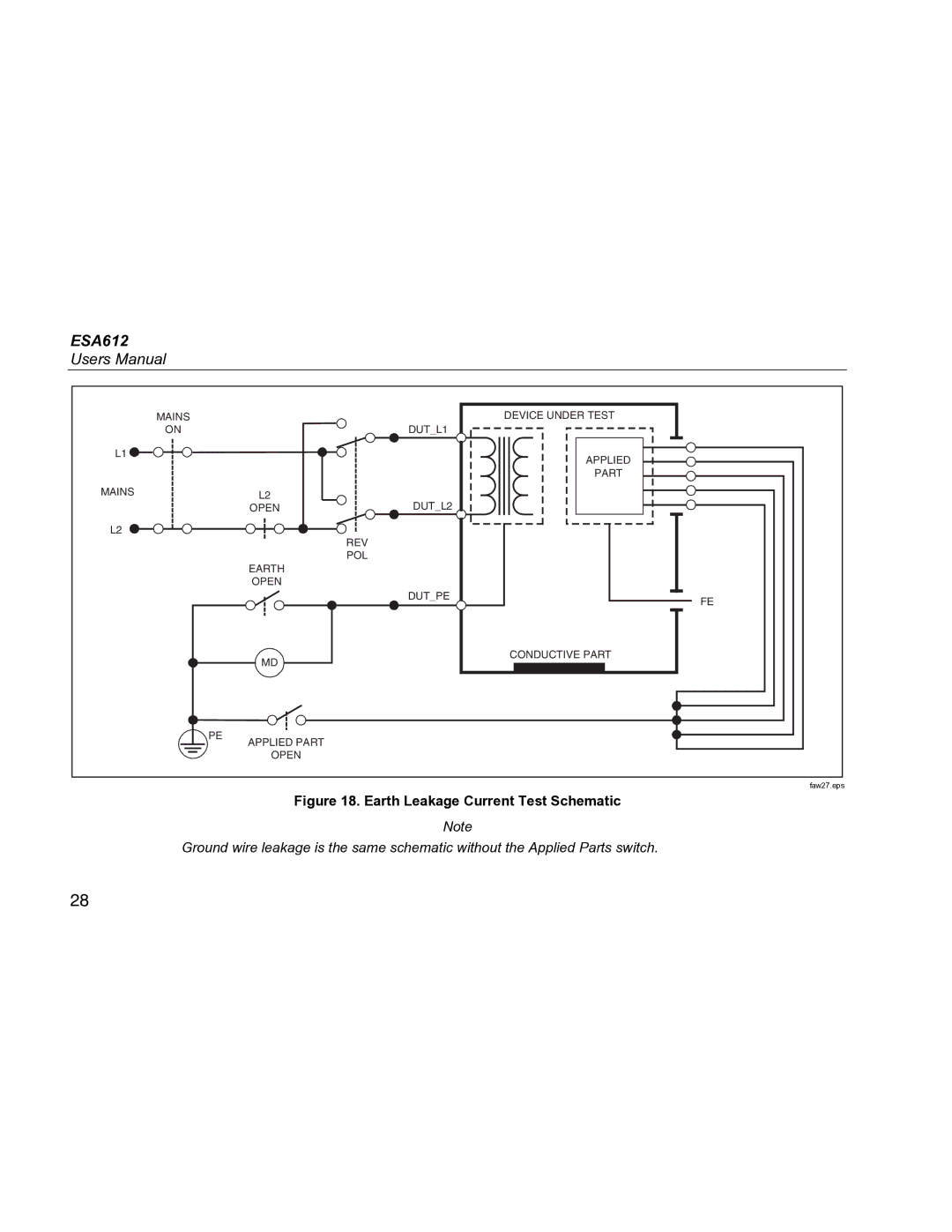 Fluke ESA612 specifications Earth Leakage Current Test Schematic 