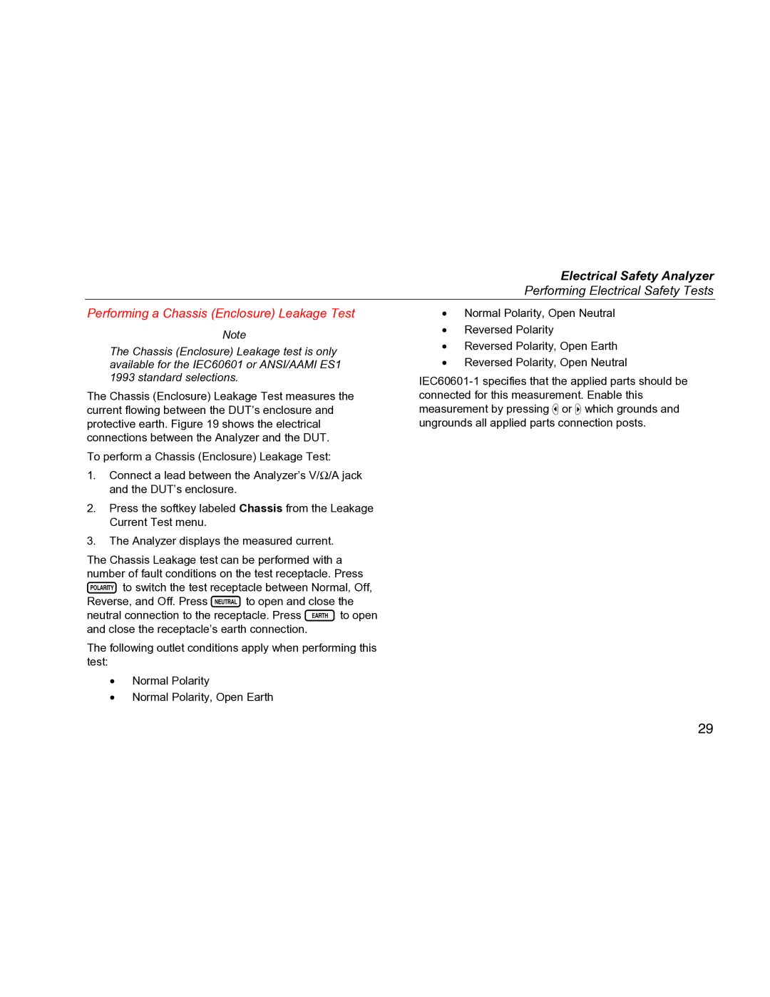 Fluke ESA612 specifications Performing a Chassis Enclosure Leakage Test 