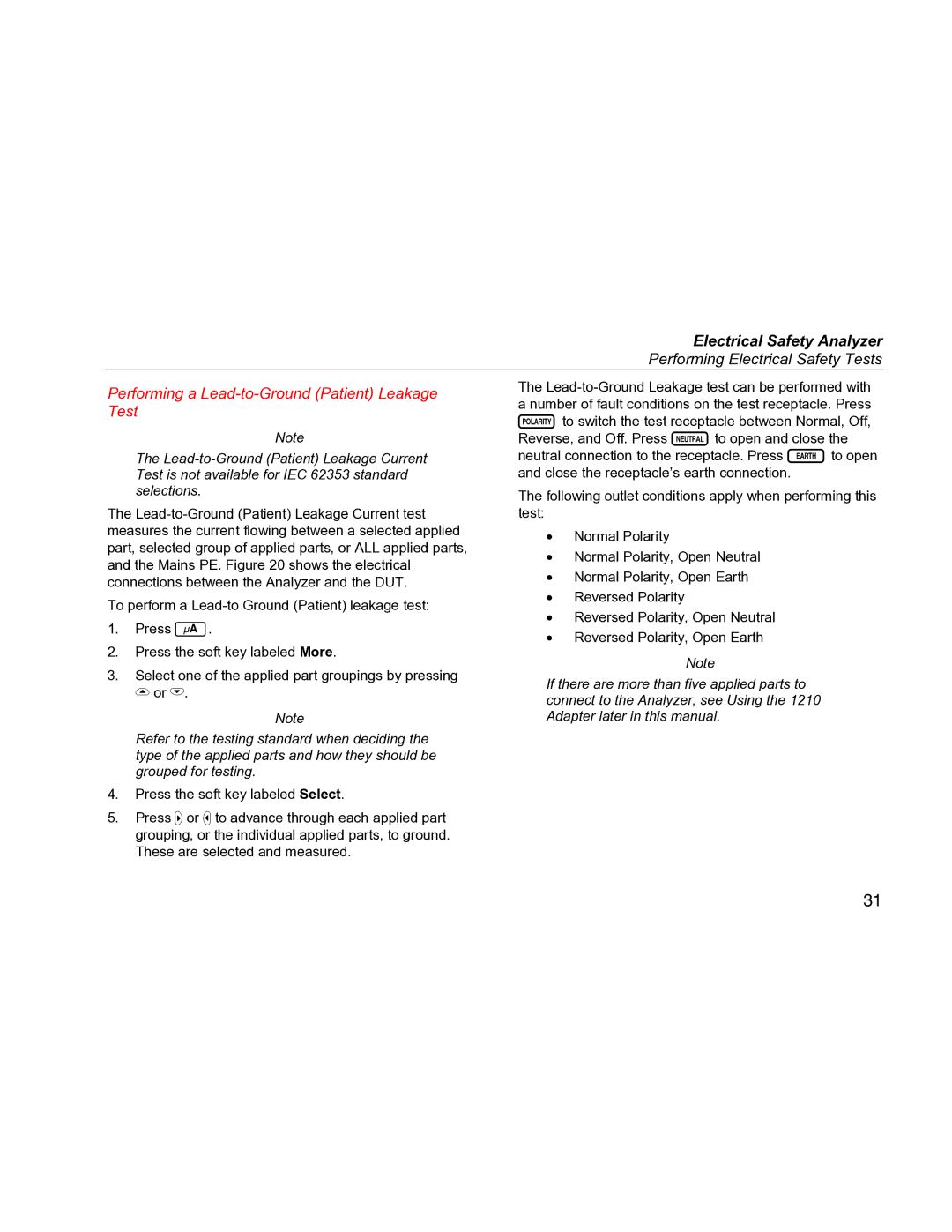 Fluke ESA612 specifications Performing a Lead-to-Ground Patient Leakage 