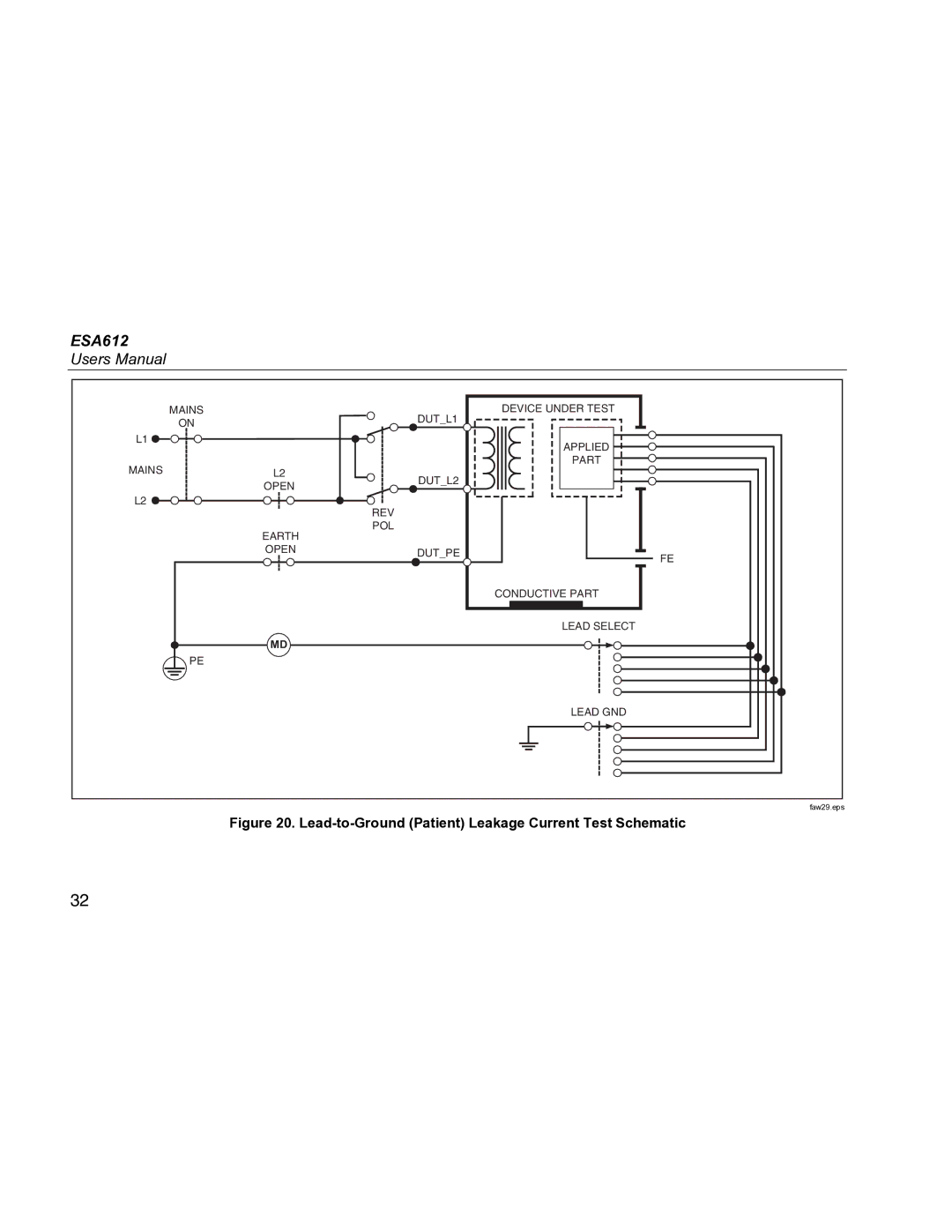 Fluke ESA612 specifications Lead-to-Ground Patient Leakage Current Test Schematic 