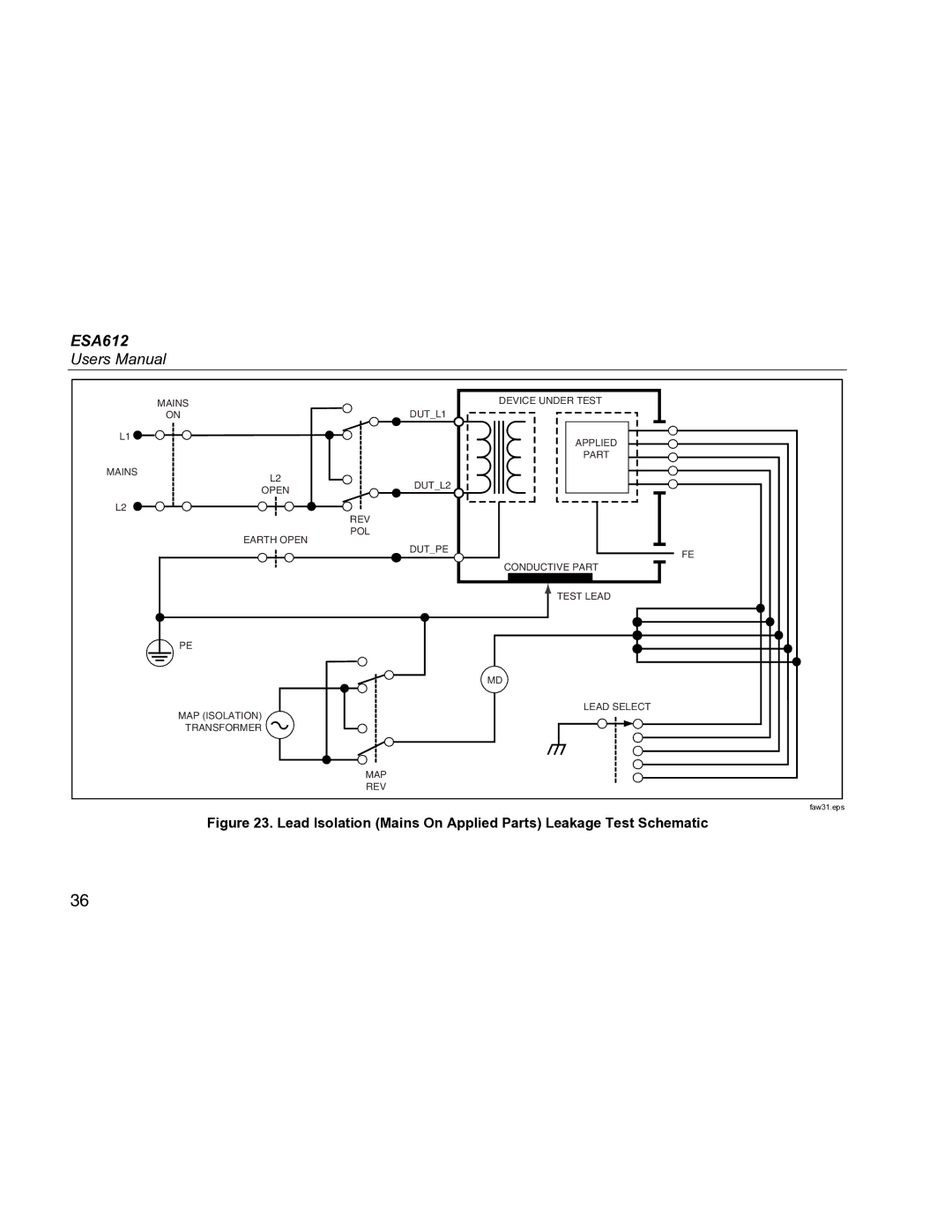 Fluke ESA612 specifications Lead Isolation Mains On Applied Parts Leakage Test Schematic 