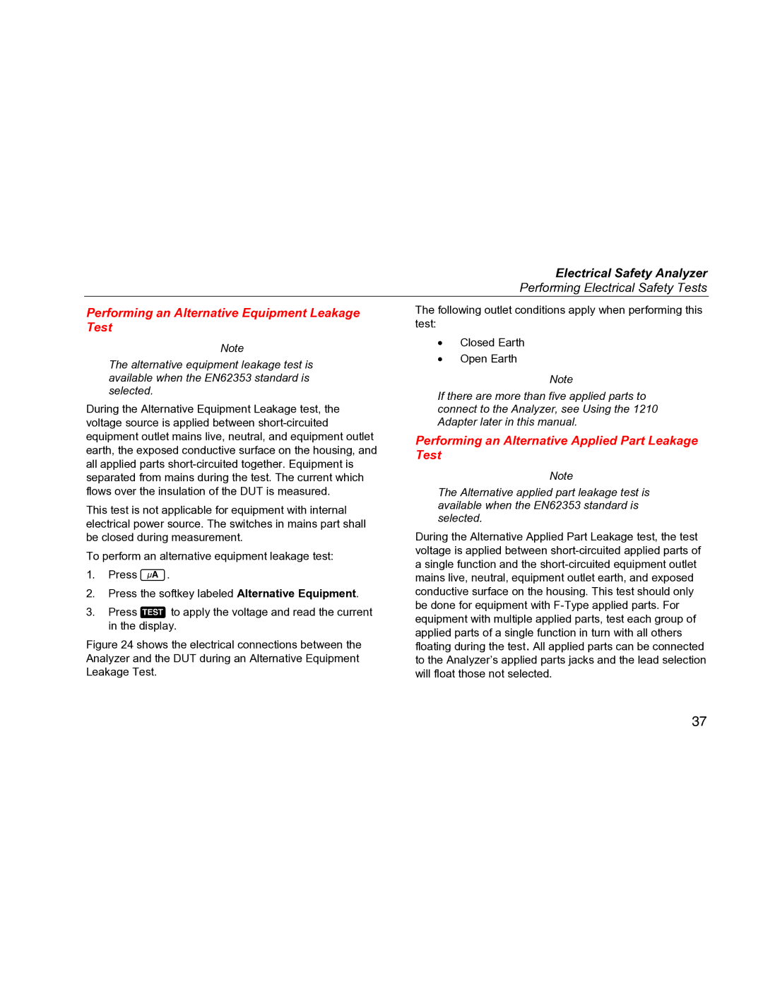 Fluke ESA612 specifications Performing Electrical Safety Tests, Performing an Alternative Equipment Leakage 