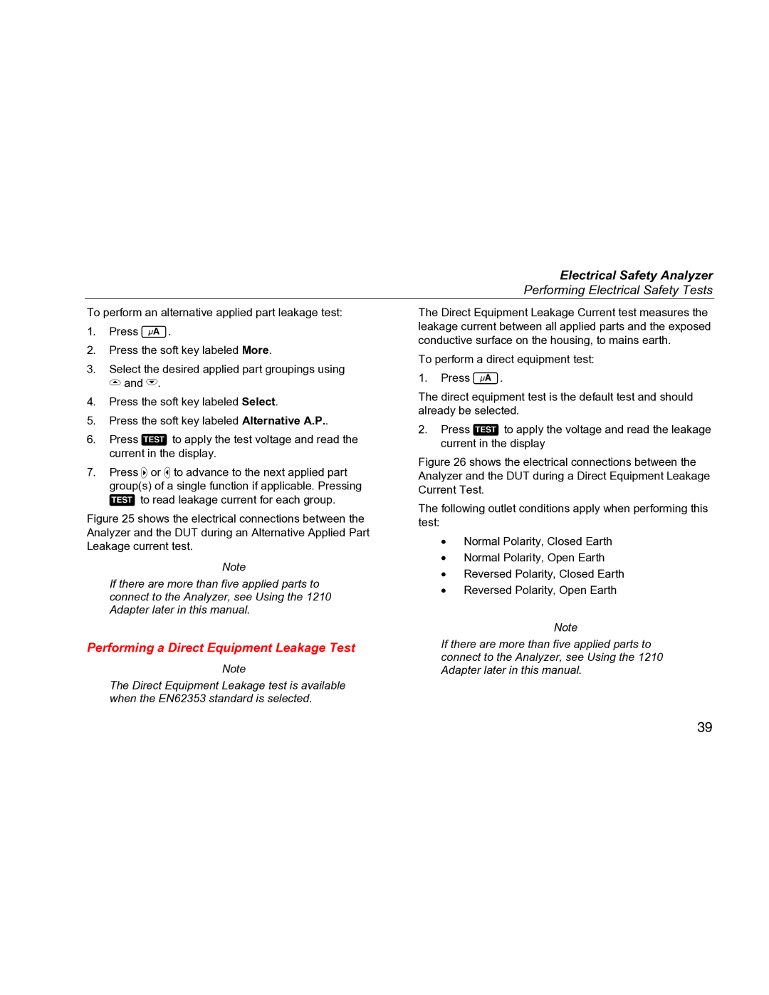 Fluke ESA612 specifications Performing a Direct Equipment Leakage Test 