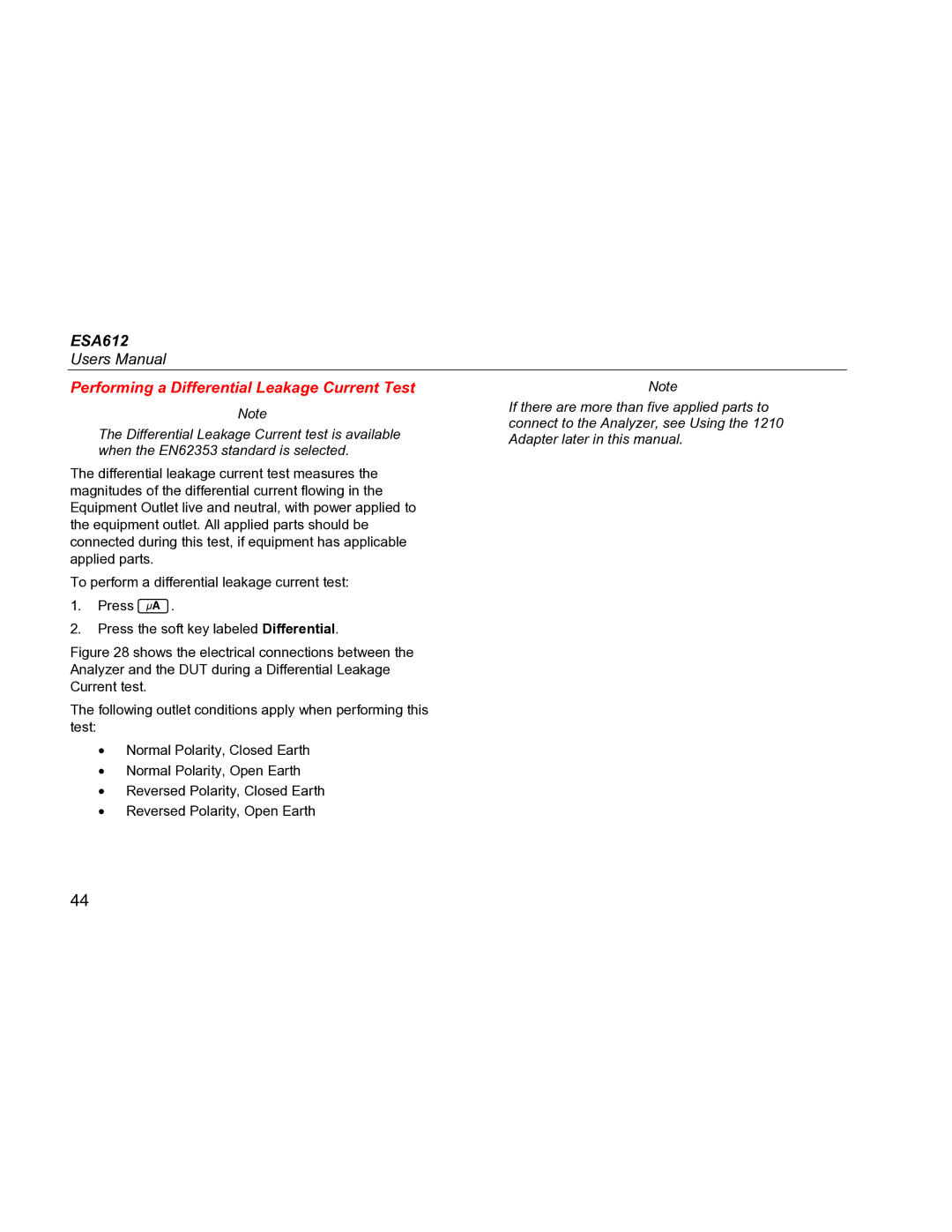 Fluke ESA612 specifications Performing a Differential Leakage Current Test 