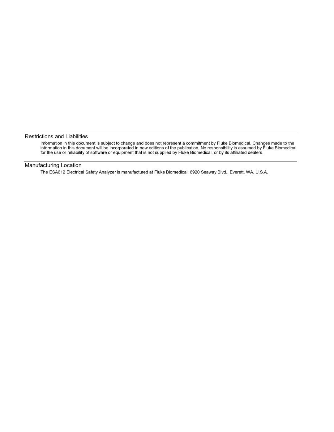 Fluke ESA612 specifications Restrictions and Liabilities 