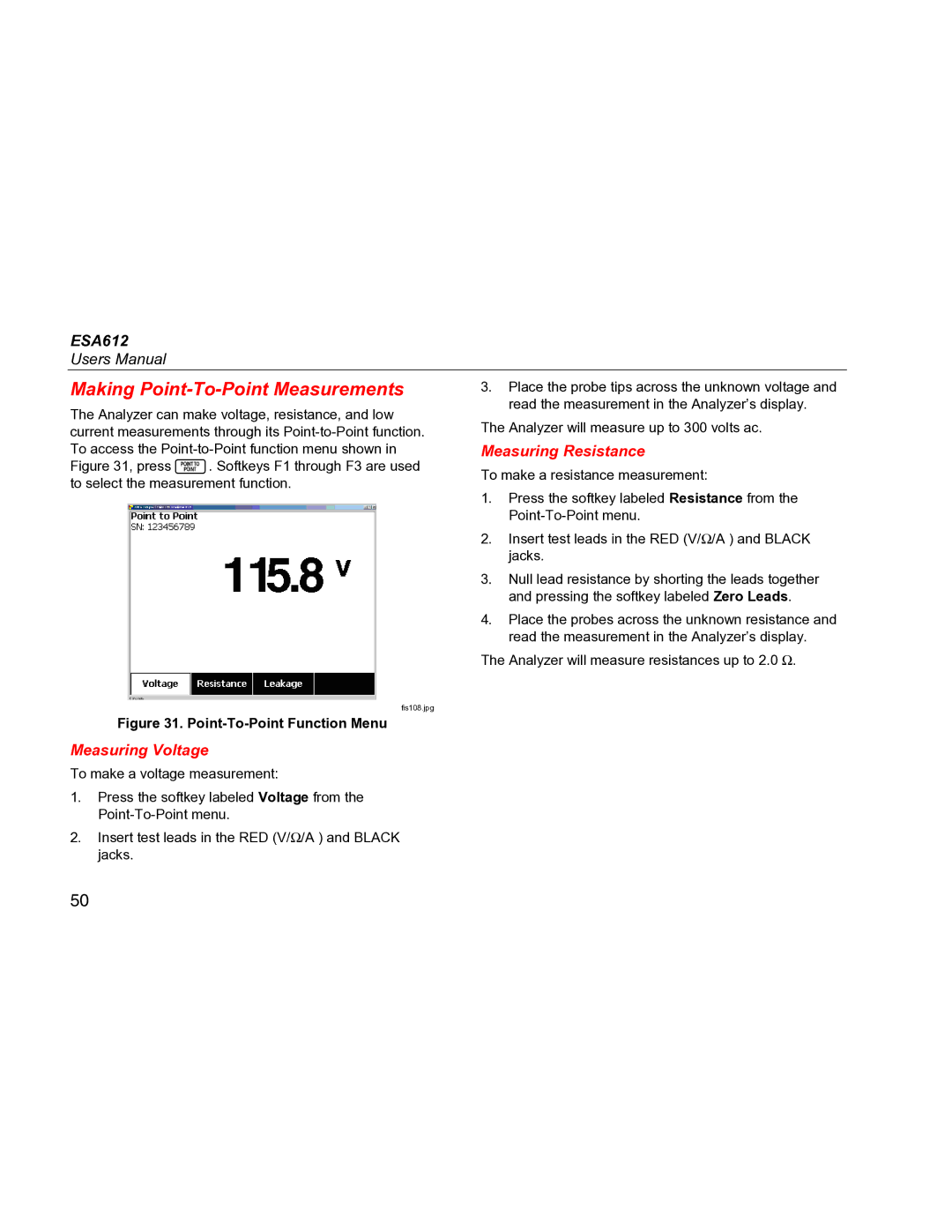 Fluke ESA612 specifications Making Point-To-Point Measurements, Measuring Resistance, Measuring Voltage 