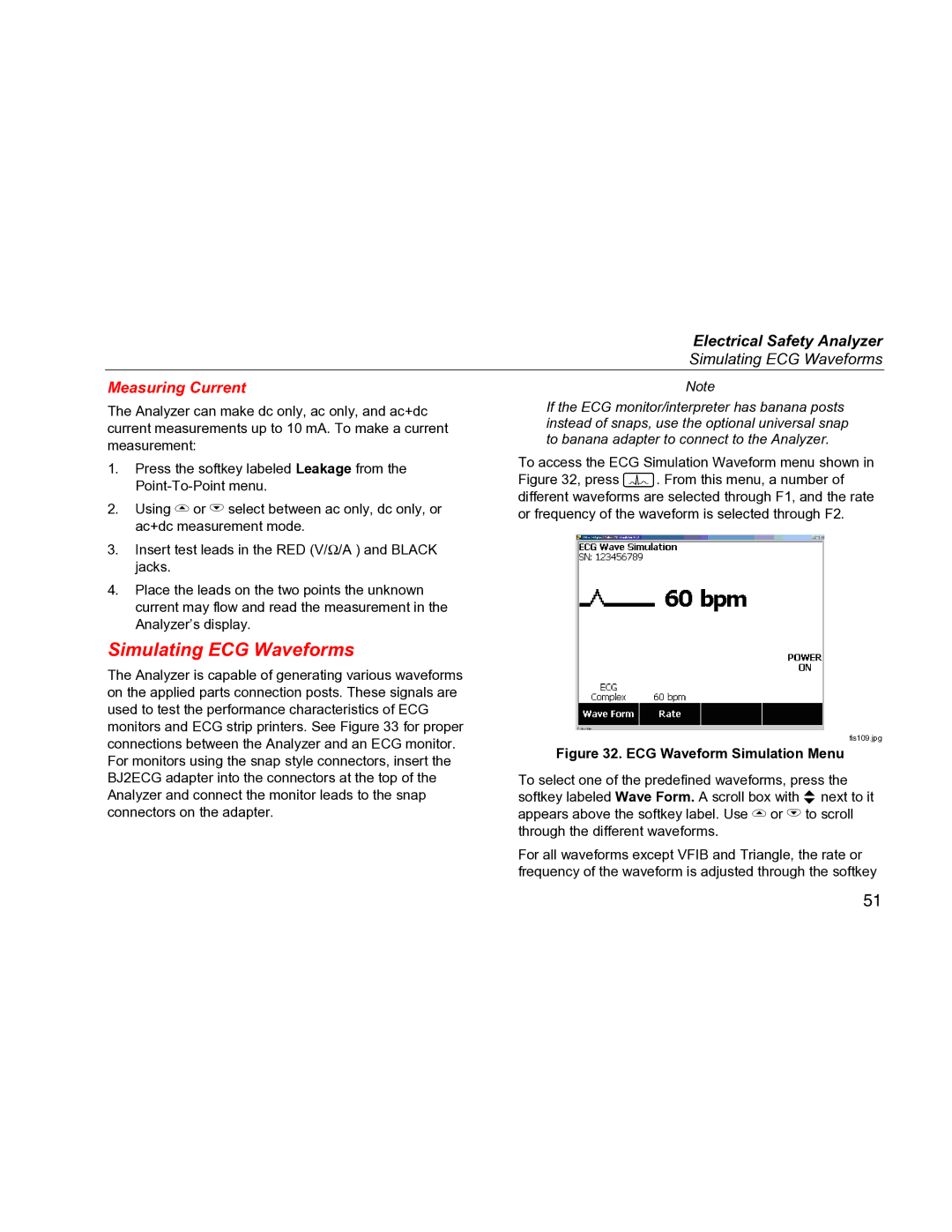 Fluke ESA612 specifications Simulating ECG Waveforms, Measuring Current 