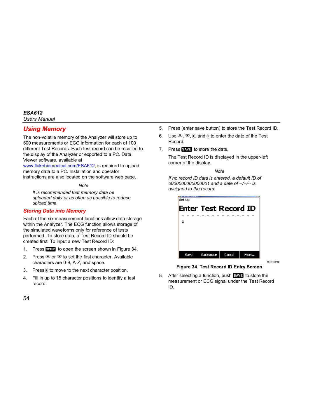 Fluke ESA612 specifications Using Memory, Storing Data into Memory 