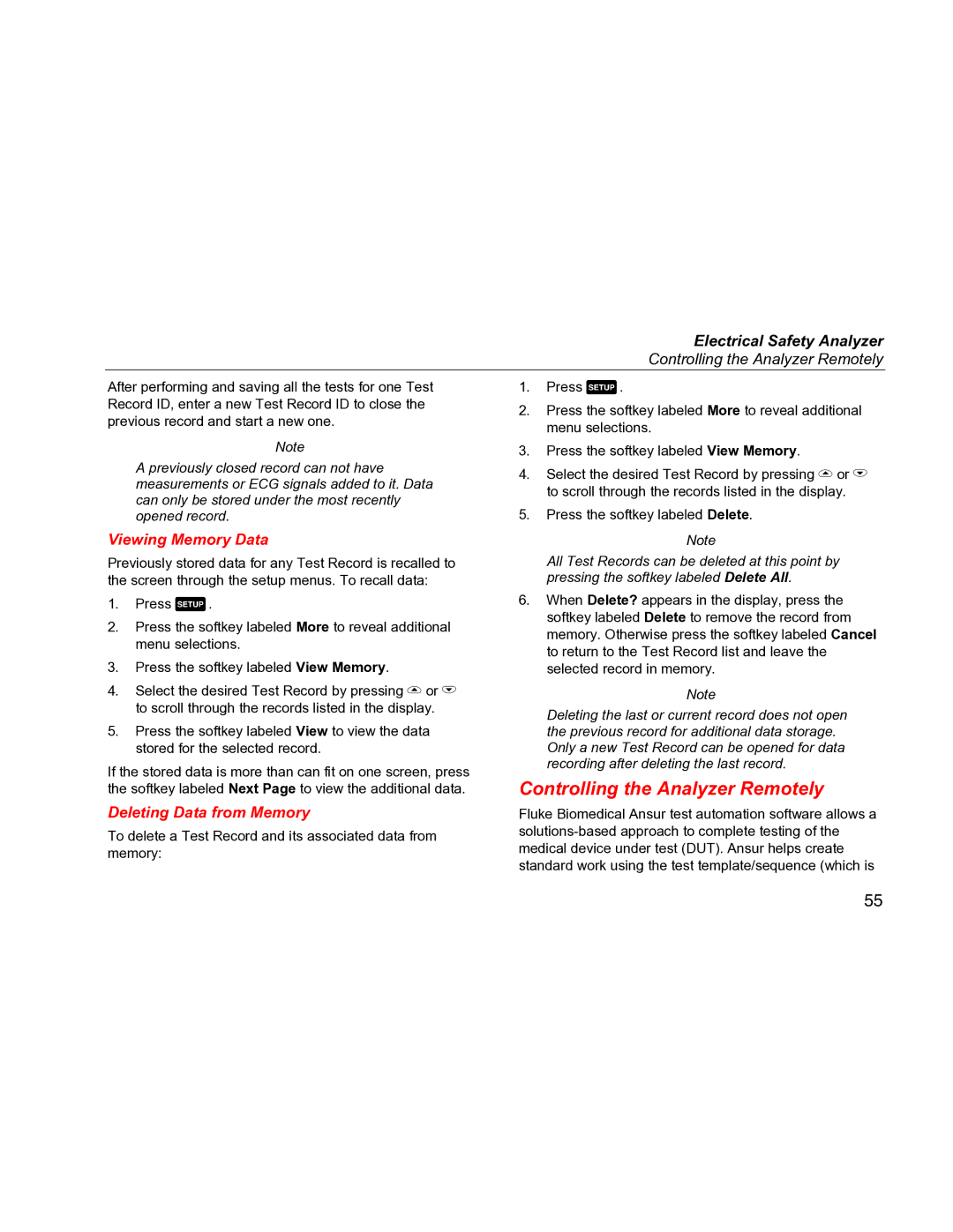 Fluke ESA612 specifications Controlling the Analyzer Remotely, Viewing Memory Data, Deleting Data from Memory 