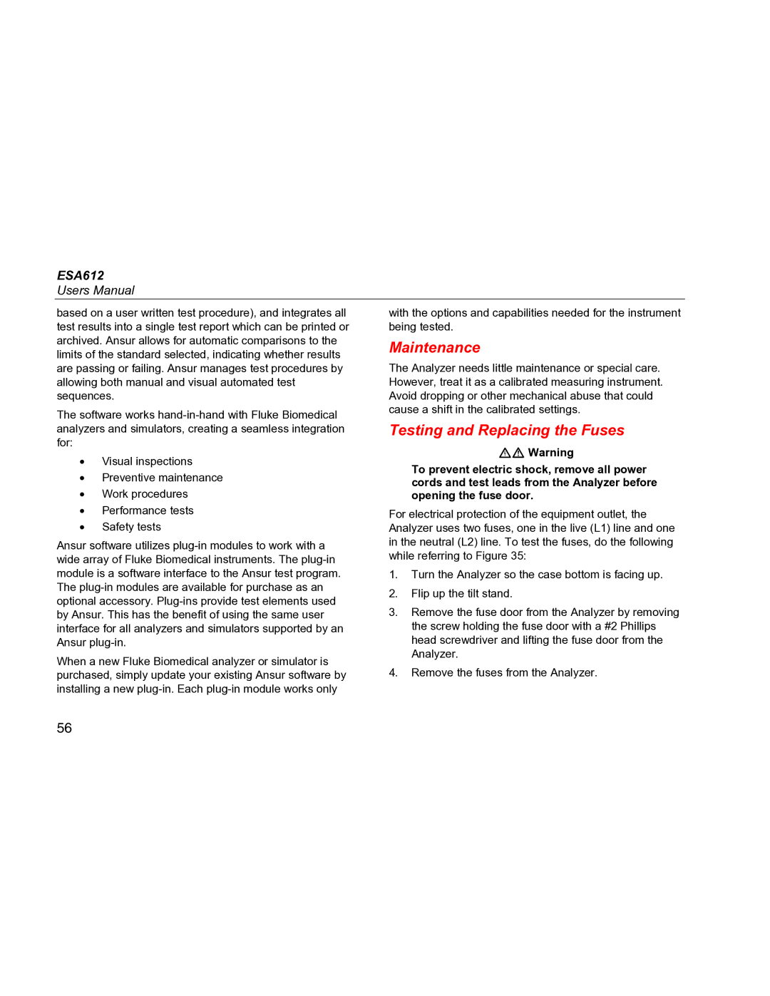 Fluke ESA612 specifications Maintenance, Testing and Replacing the Fuses 