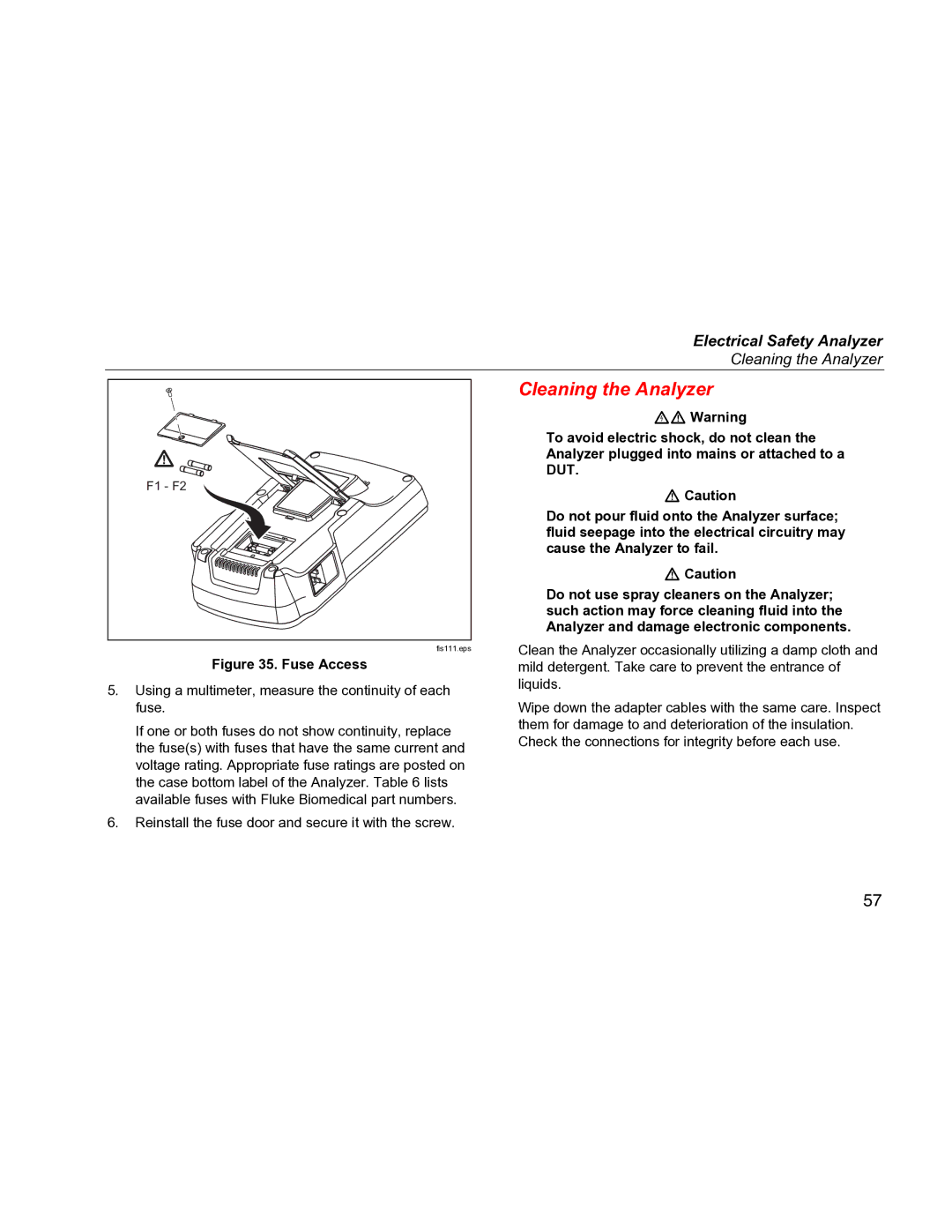 Fluke ESA612 specifications Cleaning the Analyzer 