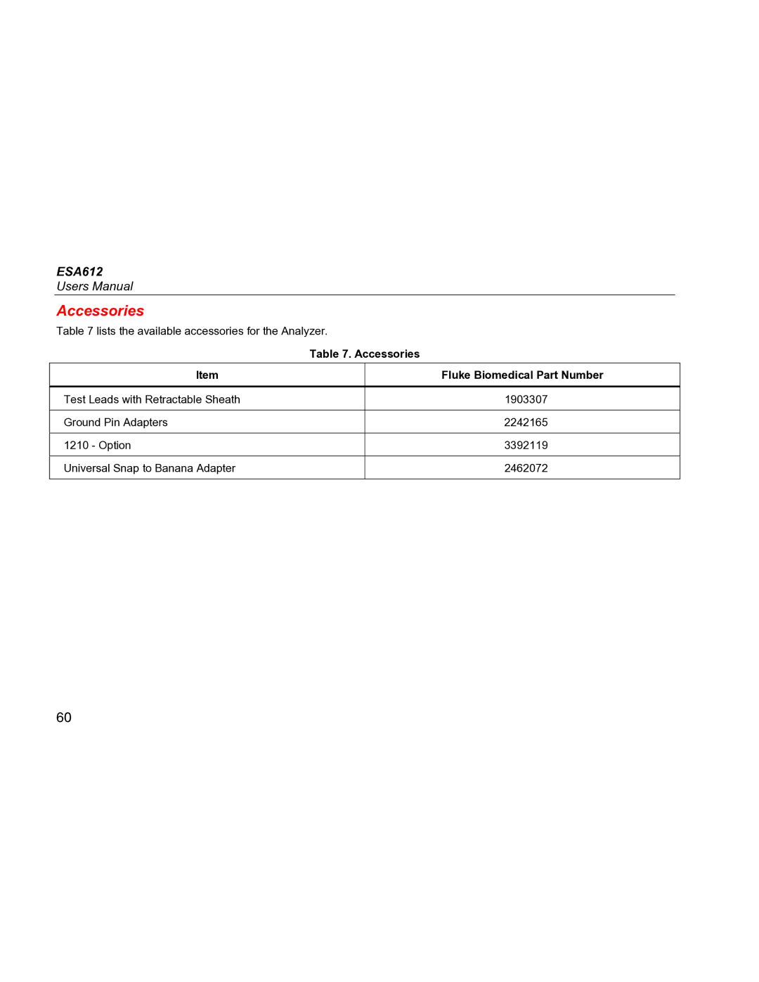 Fluke ESA612 specifications Accessories 