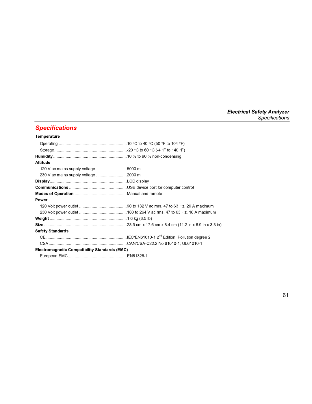 Fluke ESA612 specifications Specifications, Temperature 