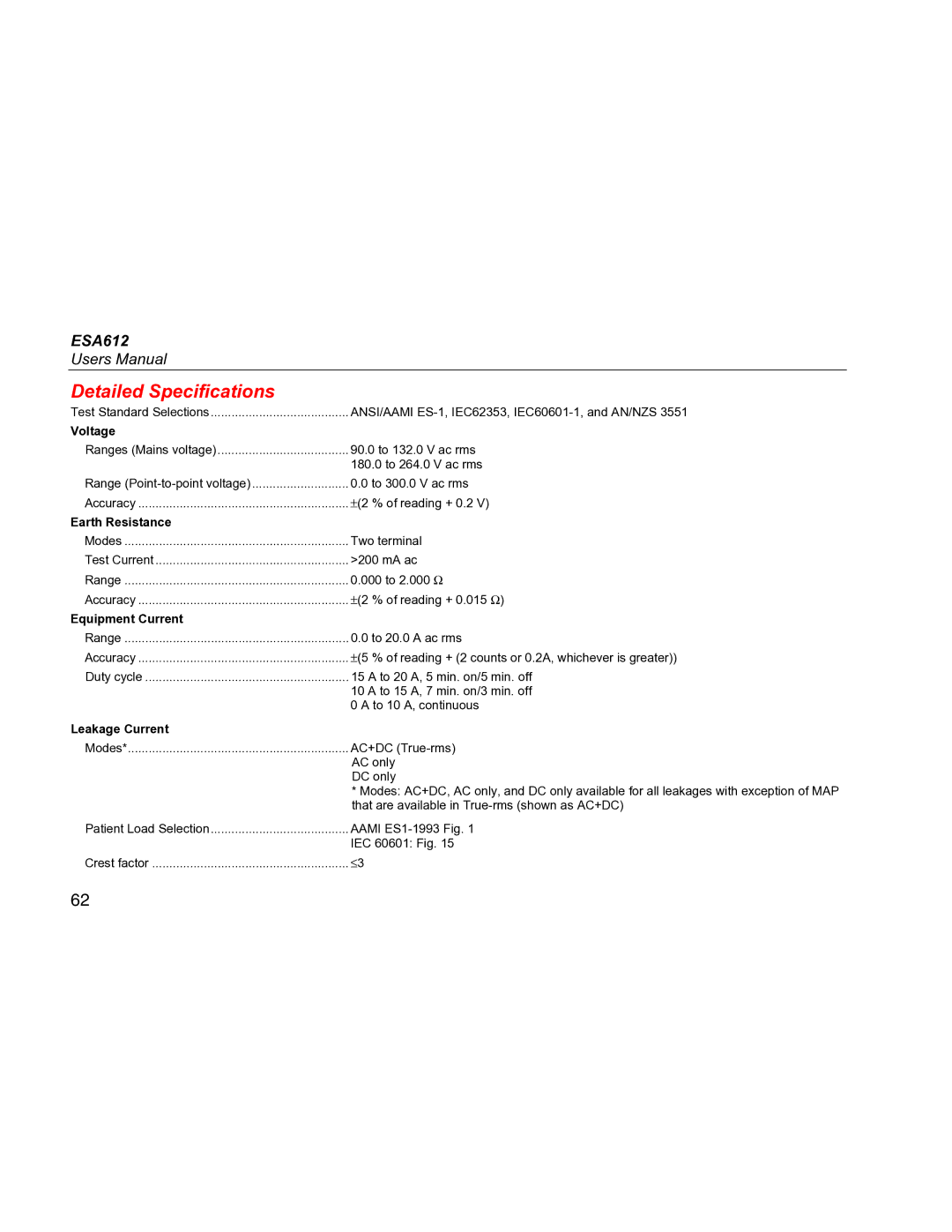 Fluke ESA612 specifications Detailed Specifications, Voltage 