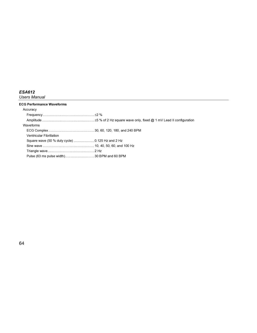 Fluke ESA612 specifications ECG Performance Waveforms 