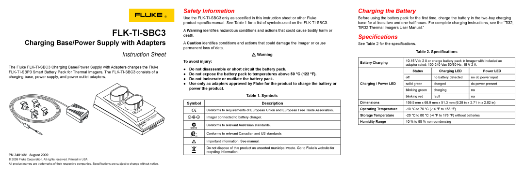 Fluke FLK-TI-SBP3 instruction sheet Safety Information, Charging the Battery, Specifications, FLK-TI-SBC3 