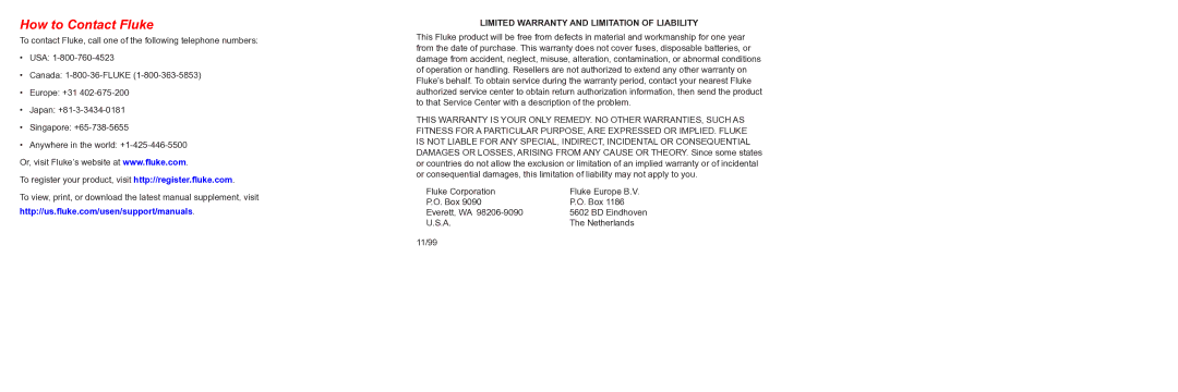 Fluke FLK-TI-SBC3, FLK-TI-SBP3 instruction sheet How to Contact Fluke, Limited Warranty and Limitation of Liability 