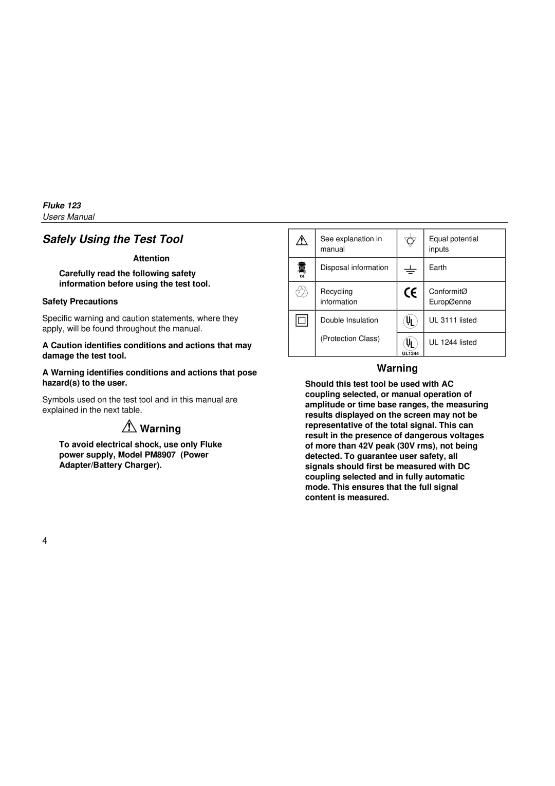 Fluke fluke123 user manual Safely Using the Test Tool 