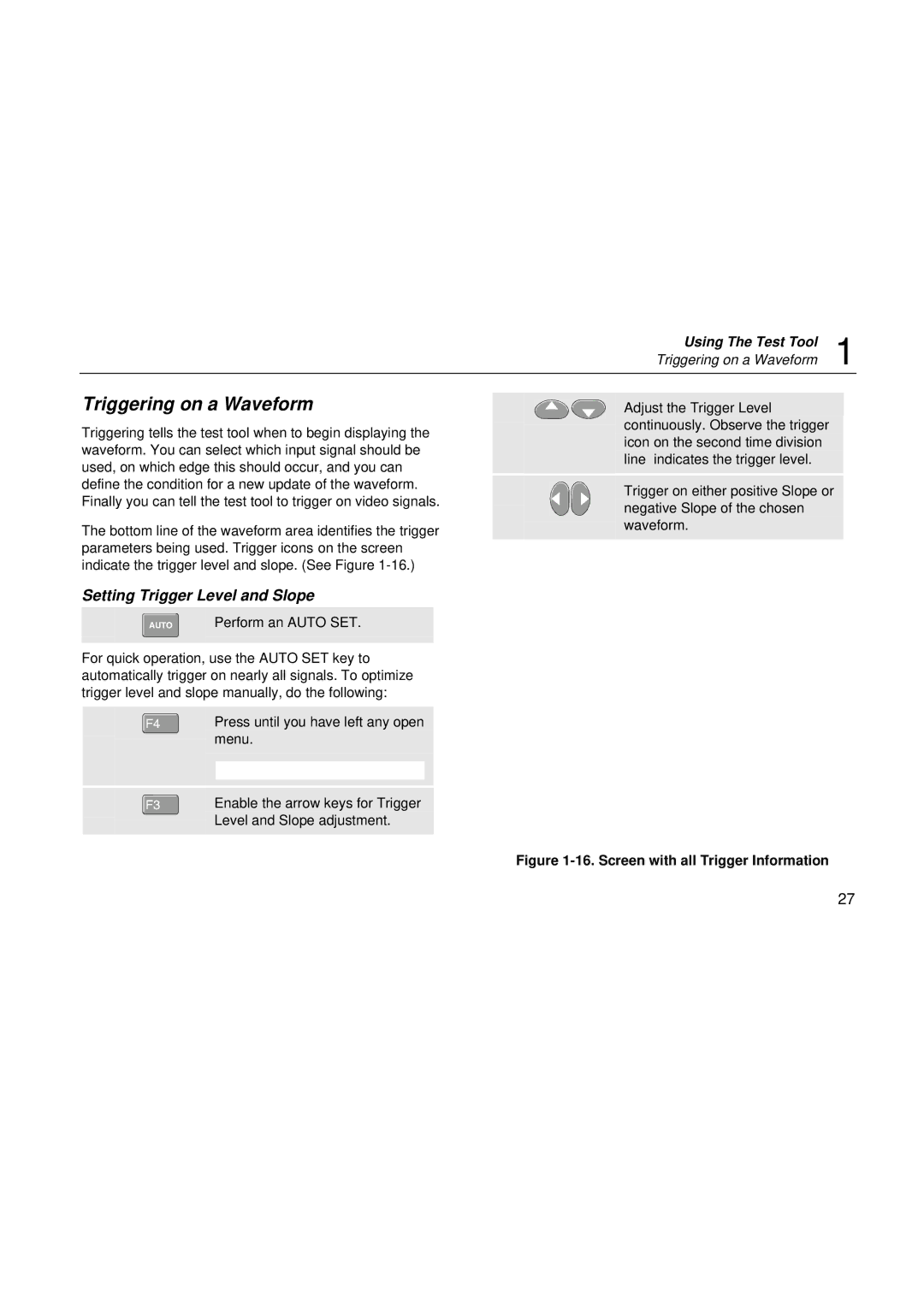 Fluke fluke123 user manual Triggering on a Waveform, Setting Trigger Level and Slope 