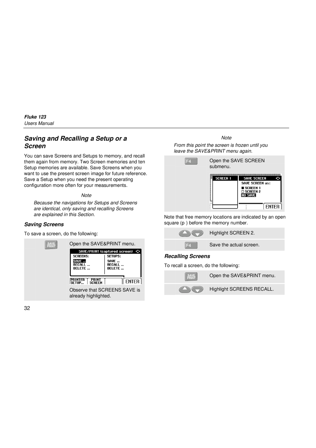 Fluke fluke123 user manual Saving and Recalling a Setup or a Screen, Saving Screens, Recalling Screens 