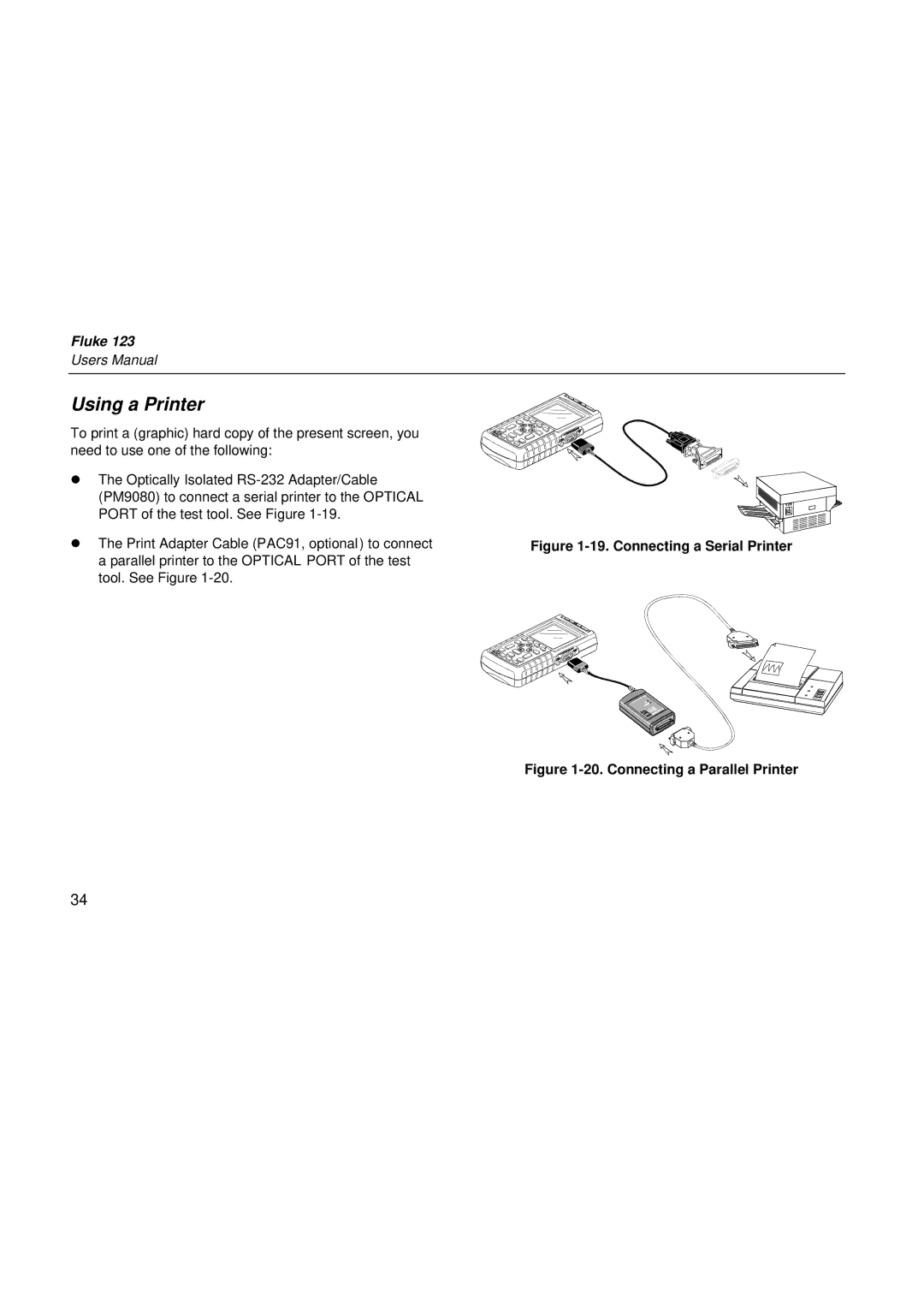 Fluke fluke123 user manual Using a Printer, Connecting a Serial Printer 