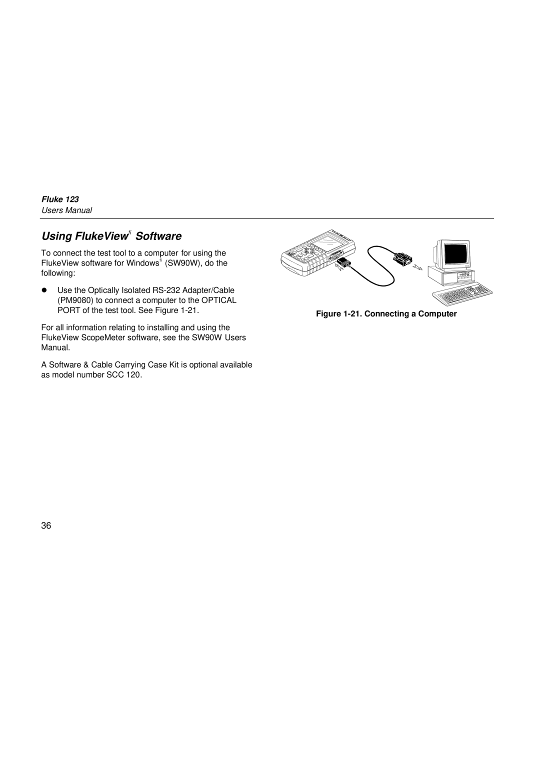 Fluke fluke123 user manual Using FlukeView Software, Connecting a Computer 