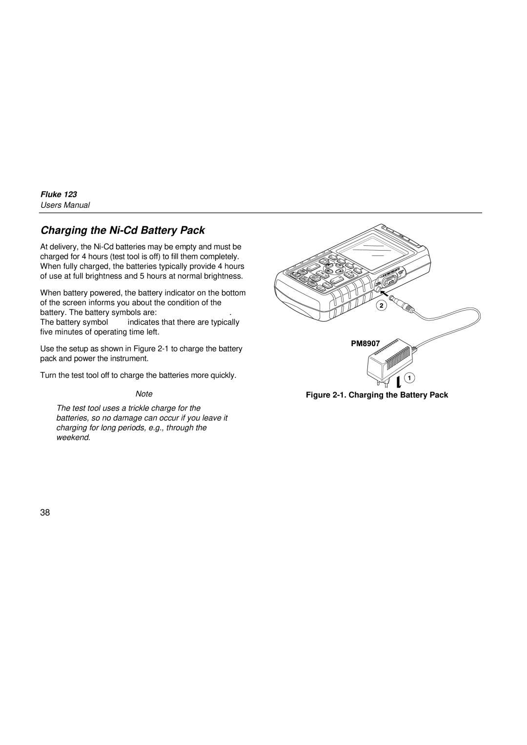 Fluke fluke123 user manual Charging the Ni-Cd Battery Pack, Charging the Battery Pack 