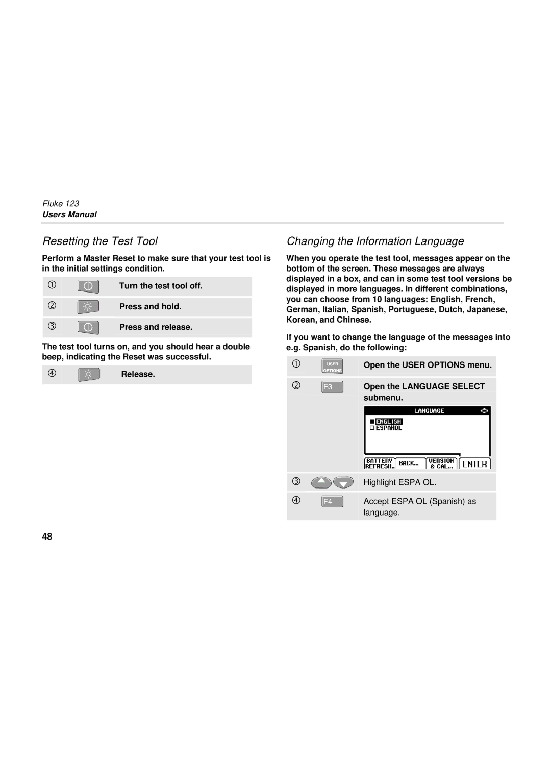 Fluke fluke123 user manual Resetting the Test Tool, Changing the Information Language 