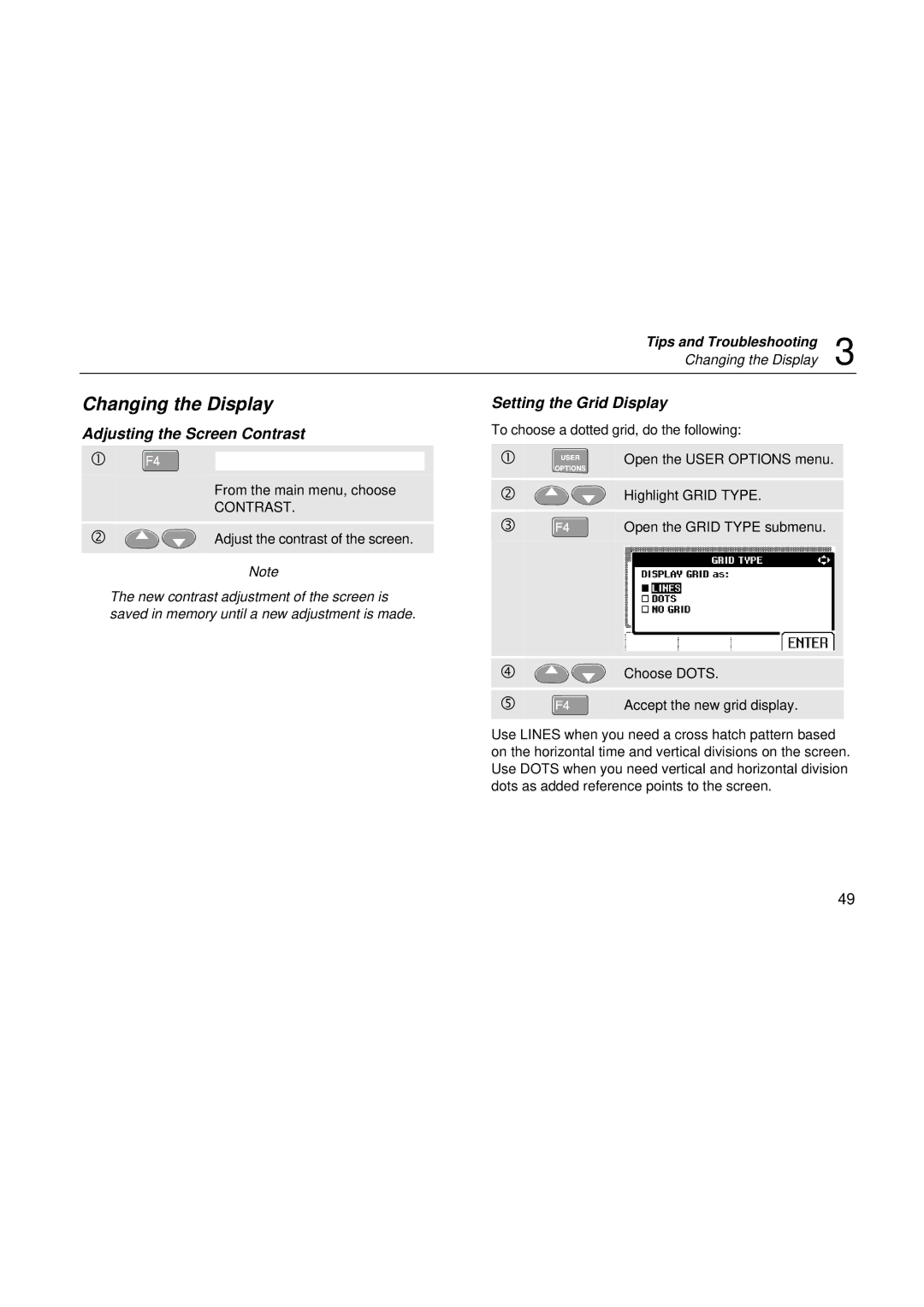 Fluke fluke123 user manual Changing the Display, Setting the Grid Display Adjusting the Screen Contrast 