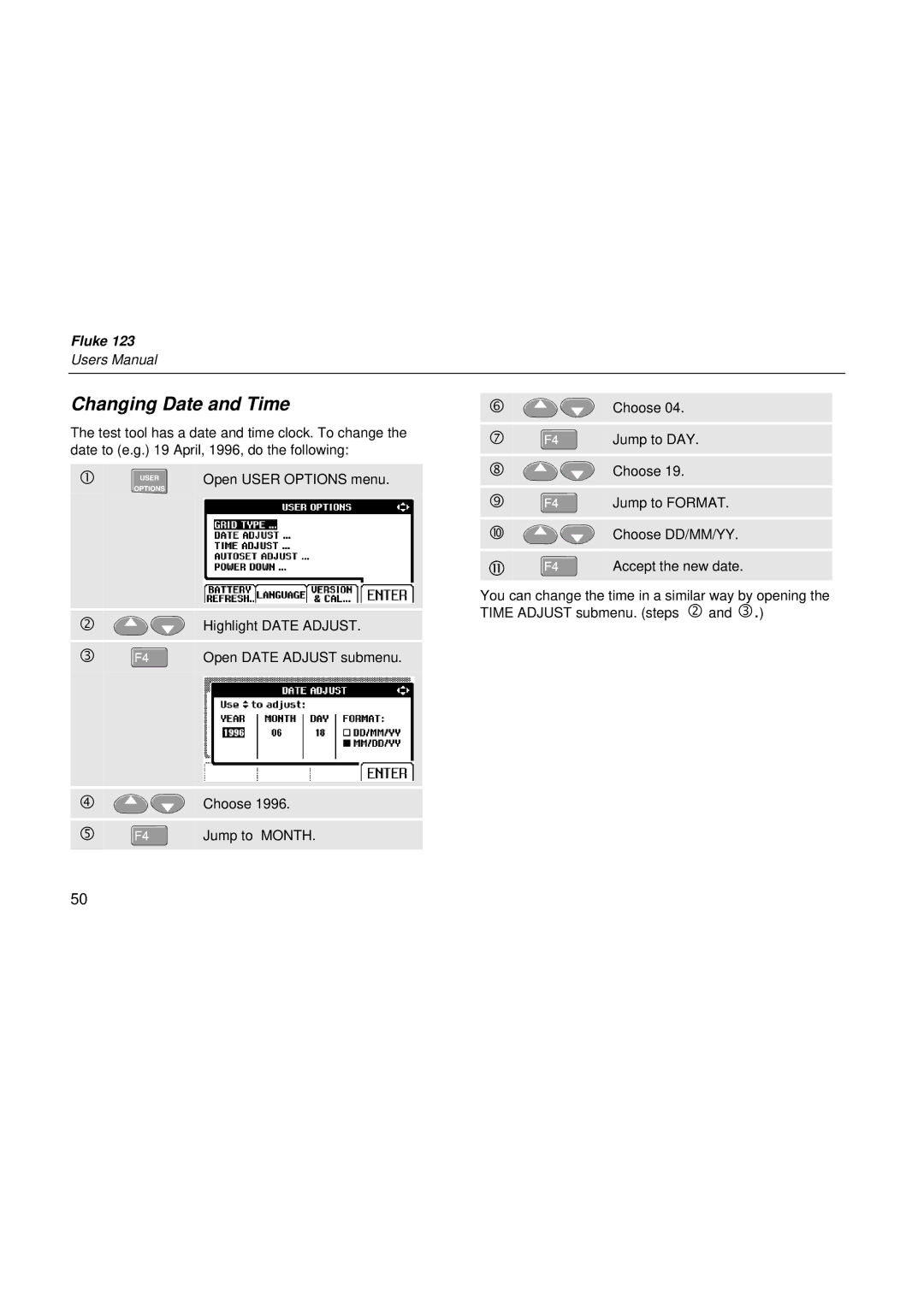 Fluke fluke123 user manual Changing Date and Time 