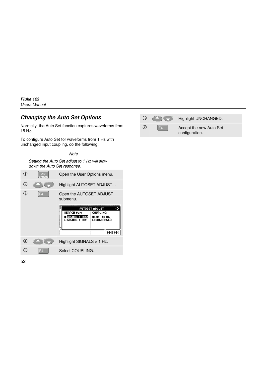 Fluke fluke123 user manual Changing the Auto Set Options 