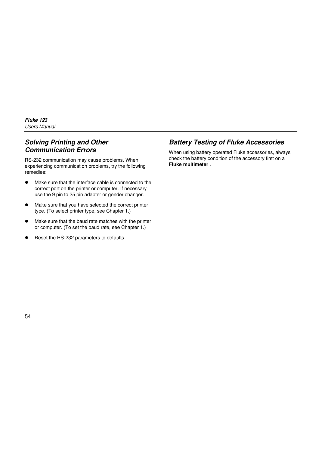 Fluke fluke123 Solving Printing and Other Communication Errors, Battery Testing of Fluke Accessories, Fluke multimeter 