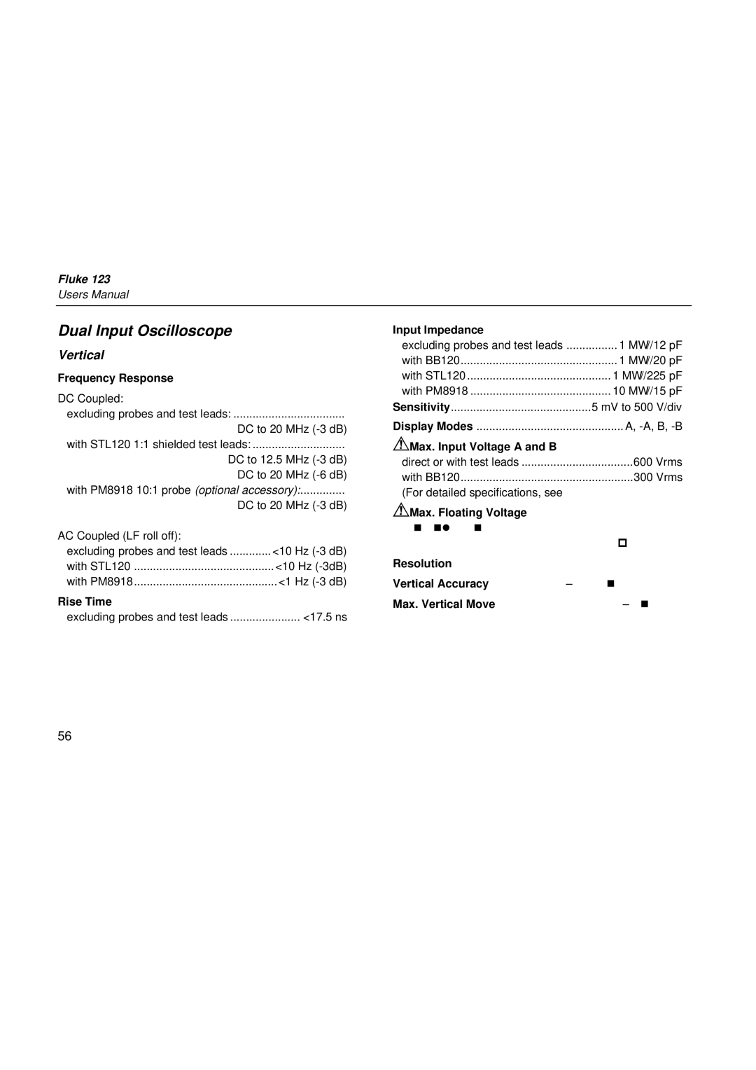 Fluke fluke123 user manual Dual Input Oscilloscope, Vertical 