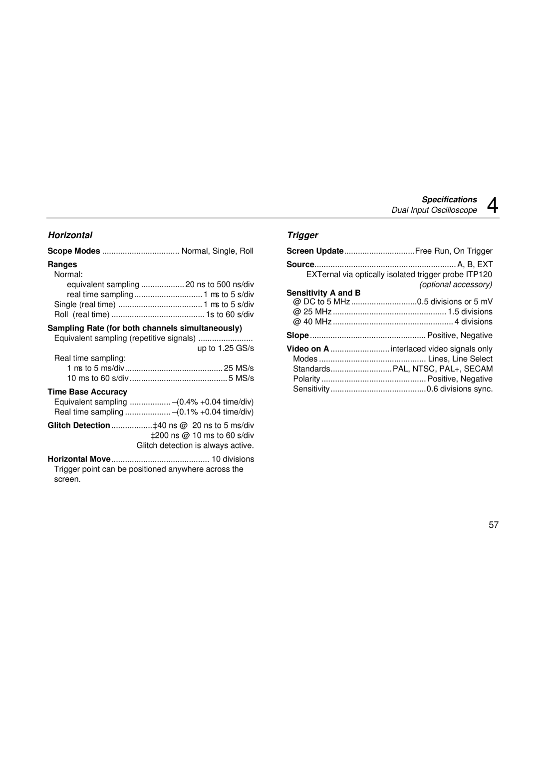 Fluke fluke123 user manual Horizontal, Trigger, Ranges, Sampling Rate for both channels simultaneously, Sensitivity a and B 