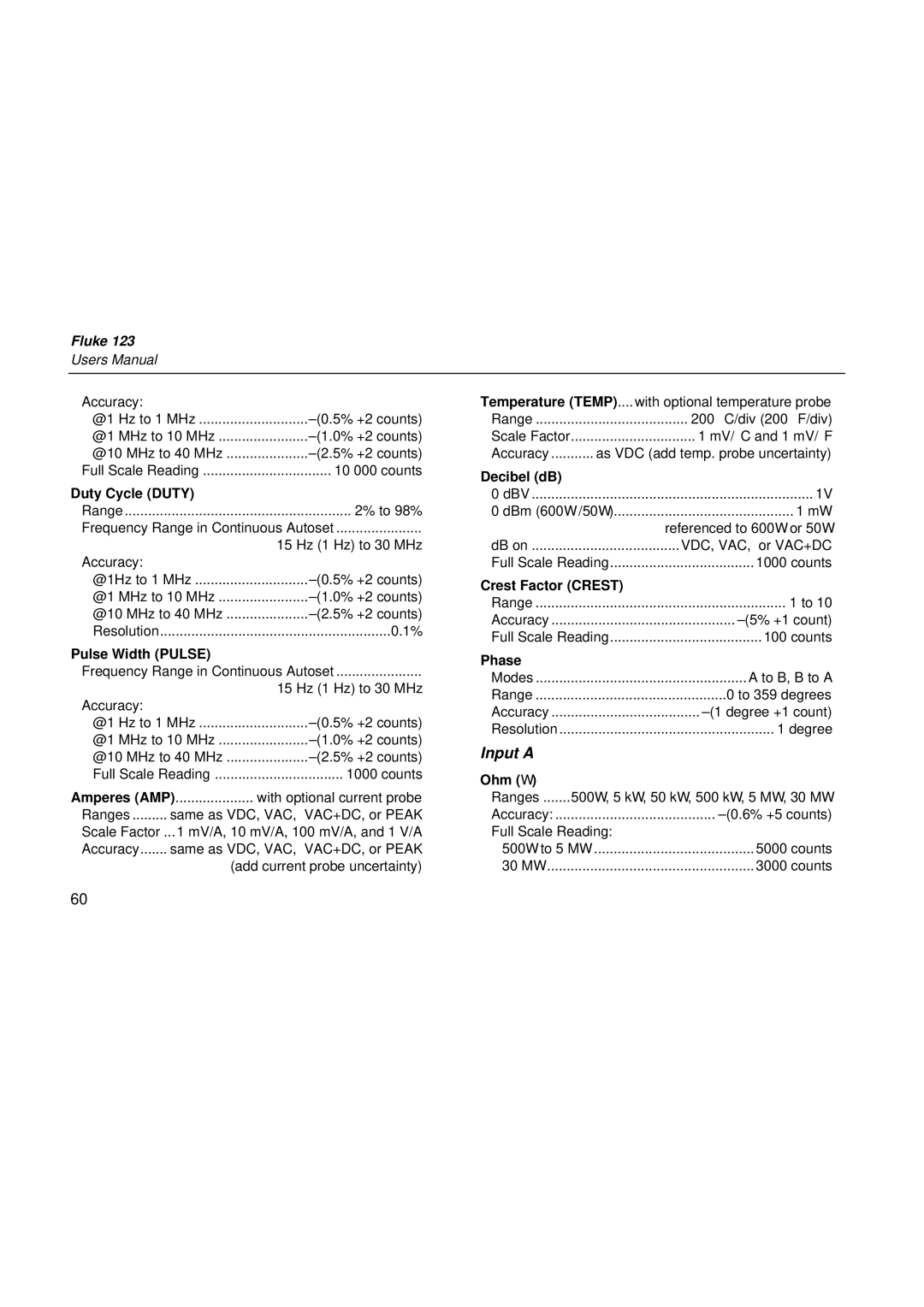 Fluke fluke123 user manual Duty Cycle Duty, Pulse Width Pulse, Decibel dB, Crest Factor Crest, Phase, Ohm Ω 