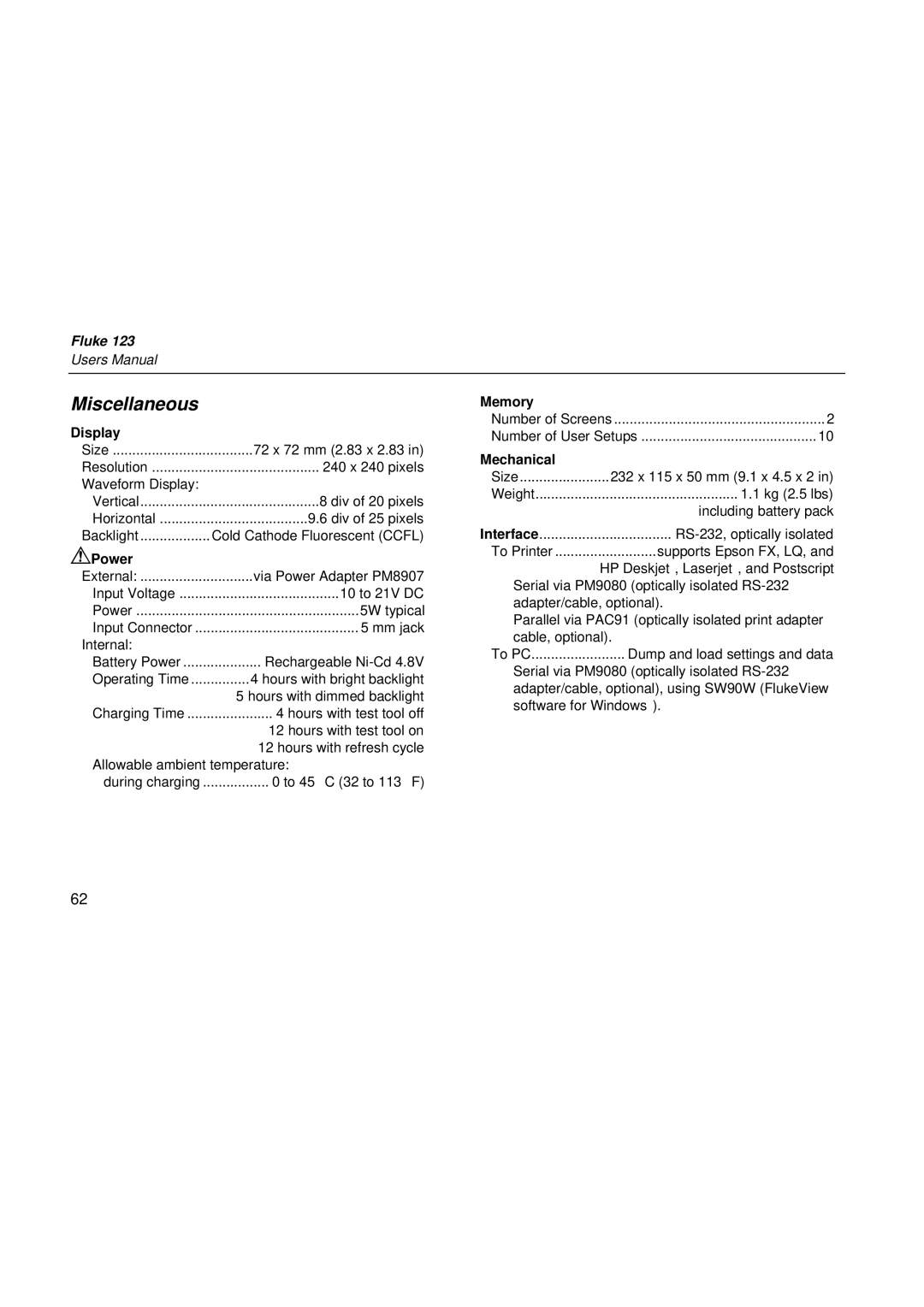 Fluke fluke123 user manual Miscellaneous, Display, Power, Memory, Mechanical 