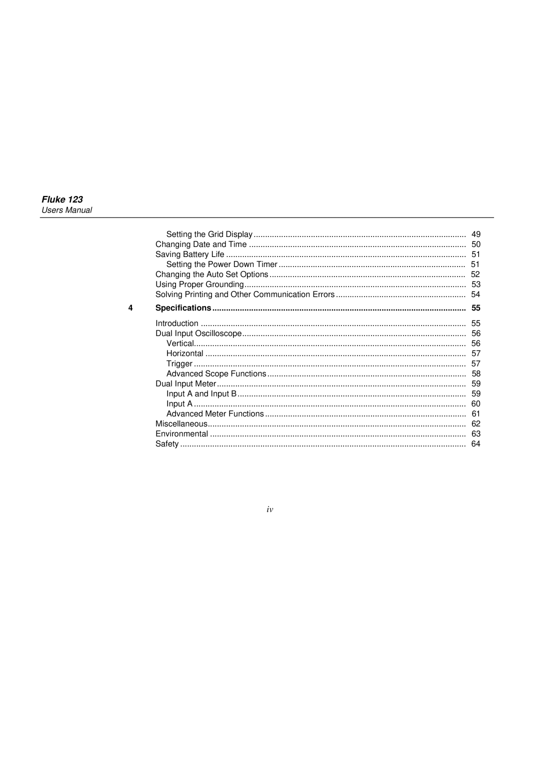 Fluke fluke123 user manual Specifications 