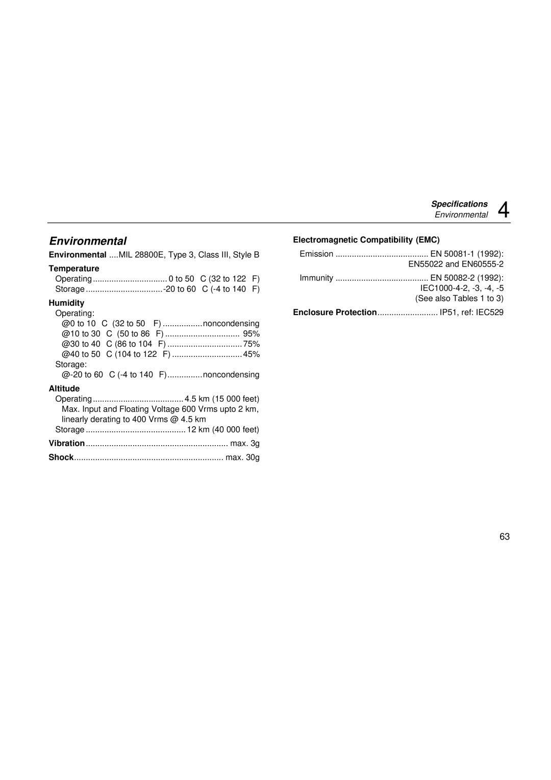 Fluke fluke123 user manual Environmental, Electromagnetic Compatibility EMC 