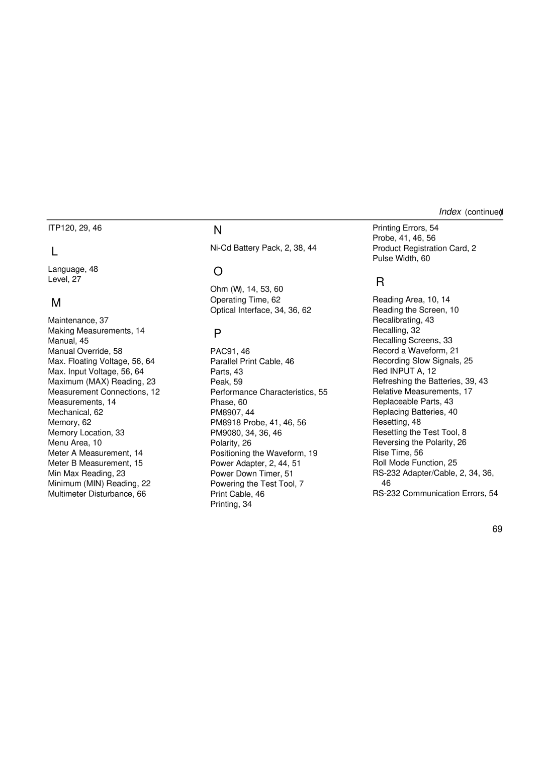 Fluke fluke123 user manual Index 