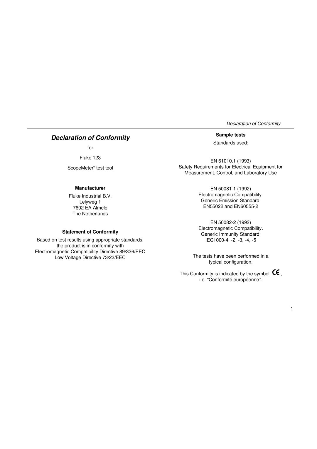 Fluke fluke123 user manual Declaration of Conformity, Manufacturer, Statement of Conformity, Sample tests 