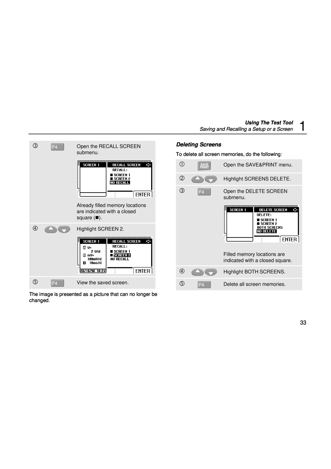Fluke fluke123 user manual Deleting Screens, Saving and Recalling a Setup or a Screen, Using The Test Tool 