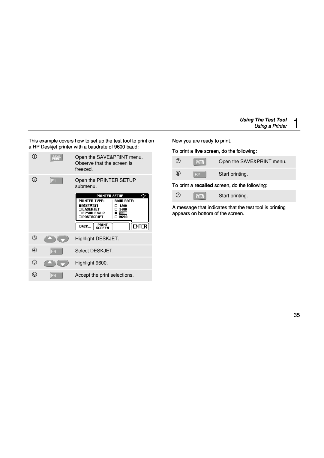 Fluke fluke123 user manual Using a Printer,    , Using The Test Tool 