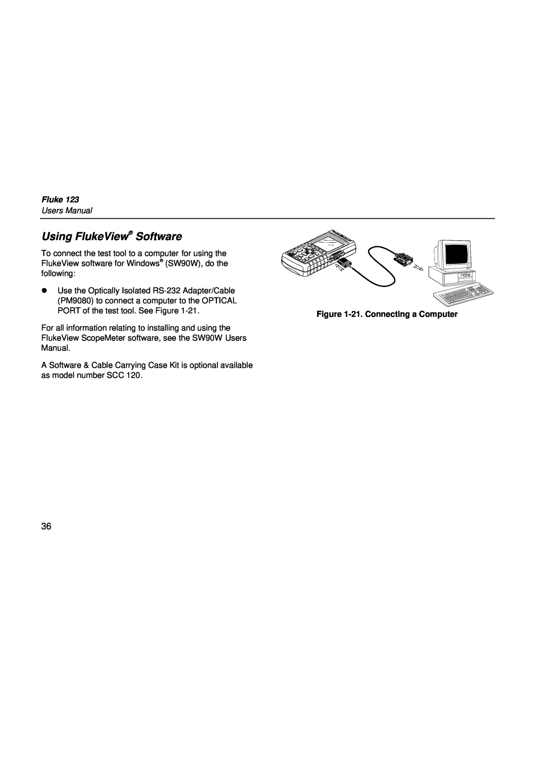 Fluke fluke123 user manual Using FlukeView Software, 21. Connecting a Computer, Users Manual 