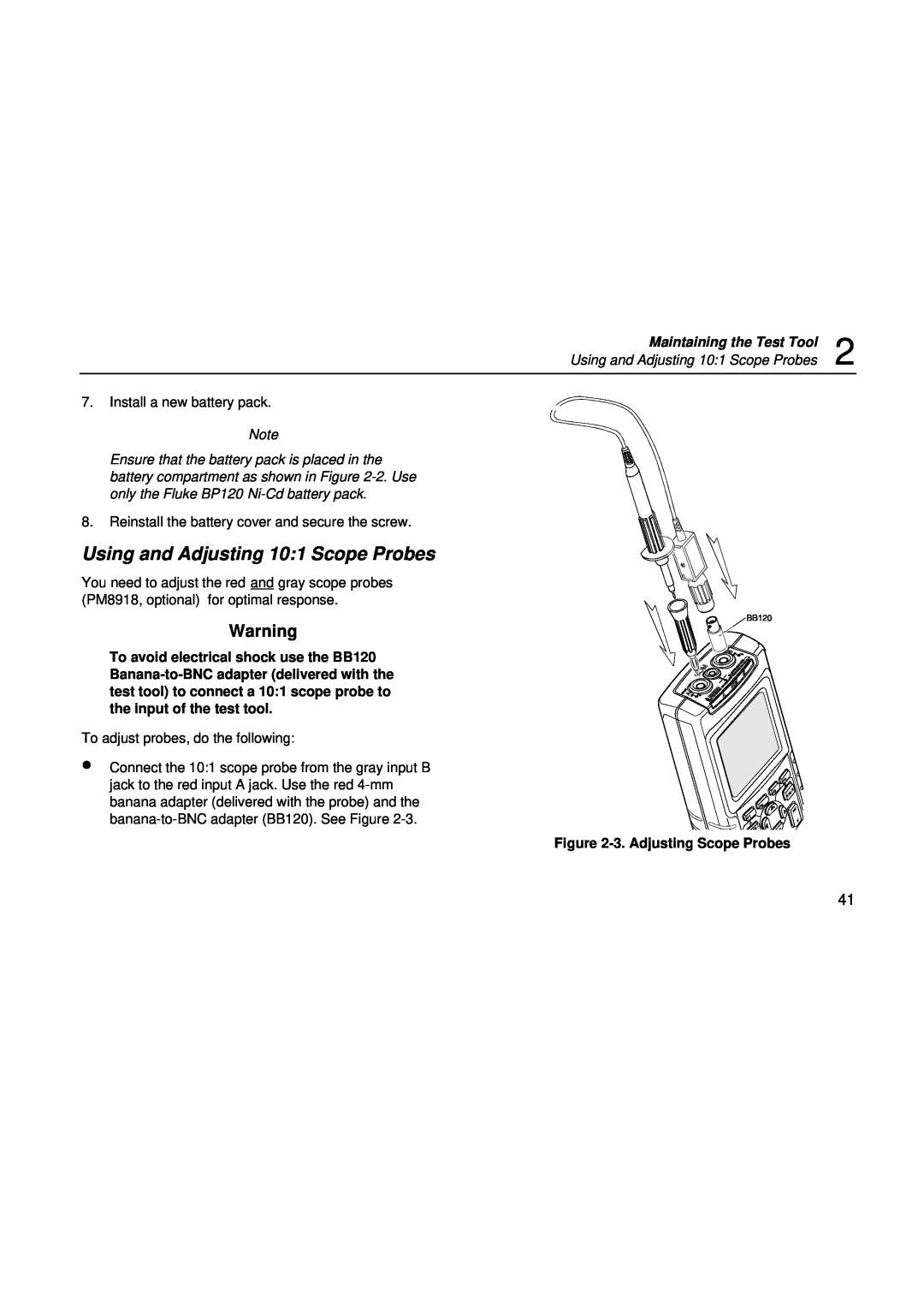 Fluke fluke123 user manual Using and Adjusting 101 Scope Probes, 3. Adjusting Scope Probes, Maintaining the Test Tool 