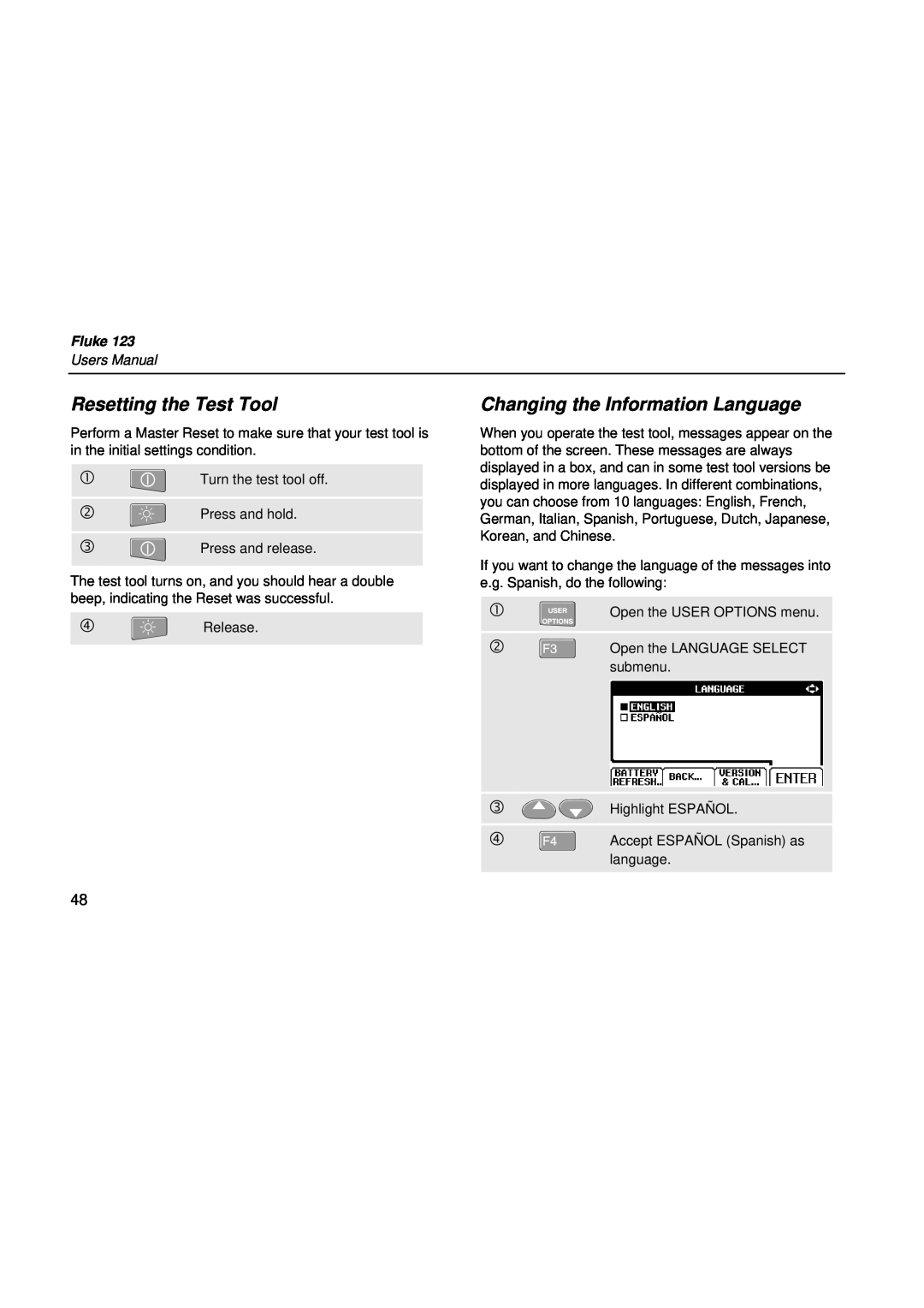 Fluke fluke123 user manual Changing the Information Language, Resetting the Test Tool, Fluke, Users Manual 